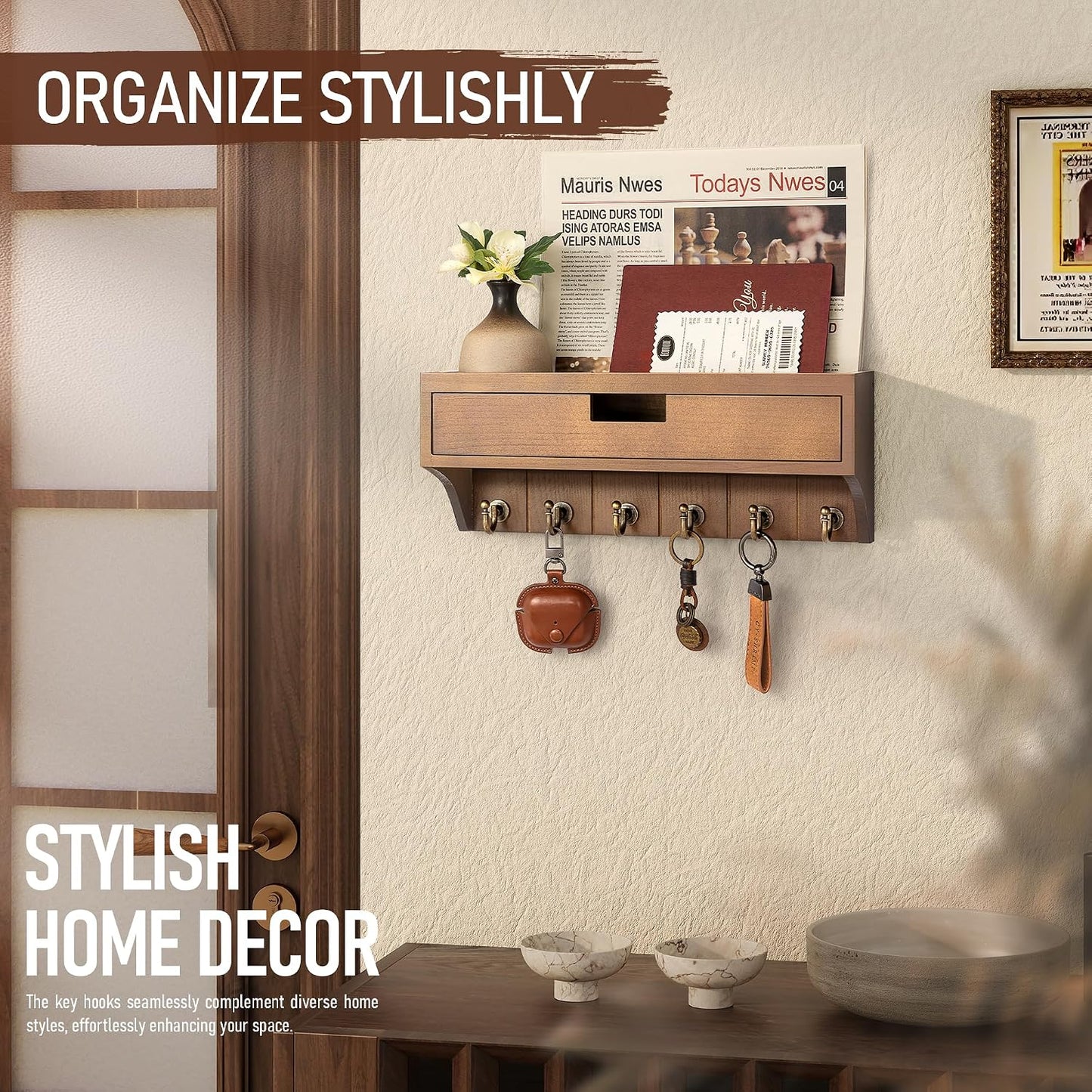 Farmhouse Pine Wood Key Holder Wall Mount / Brown / 1-drawer