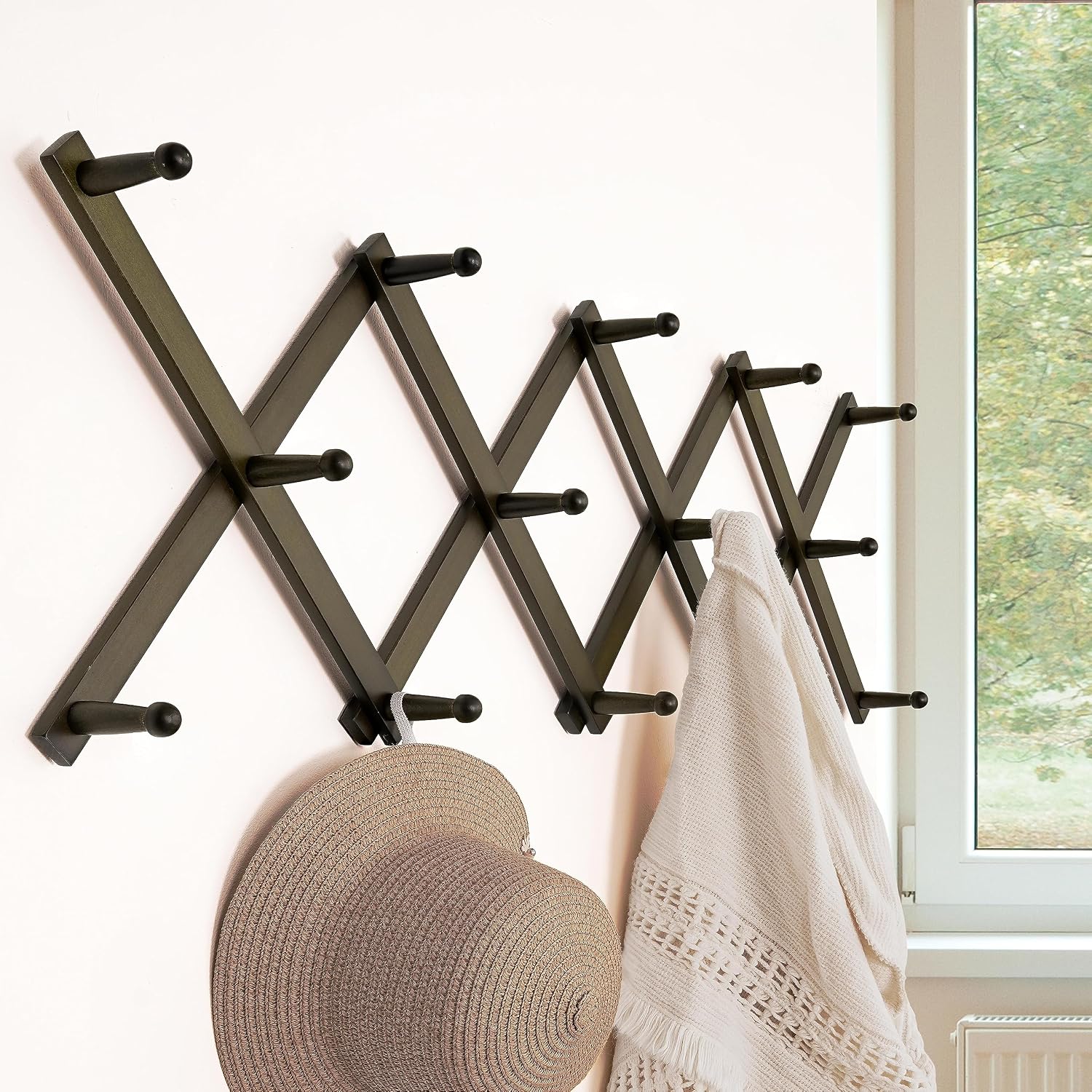 Accordion Wall Hanger:16'' High Wooden Expandable Coat Rack, Hat Rack for Wall,Accordion Hook for Baseball