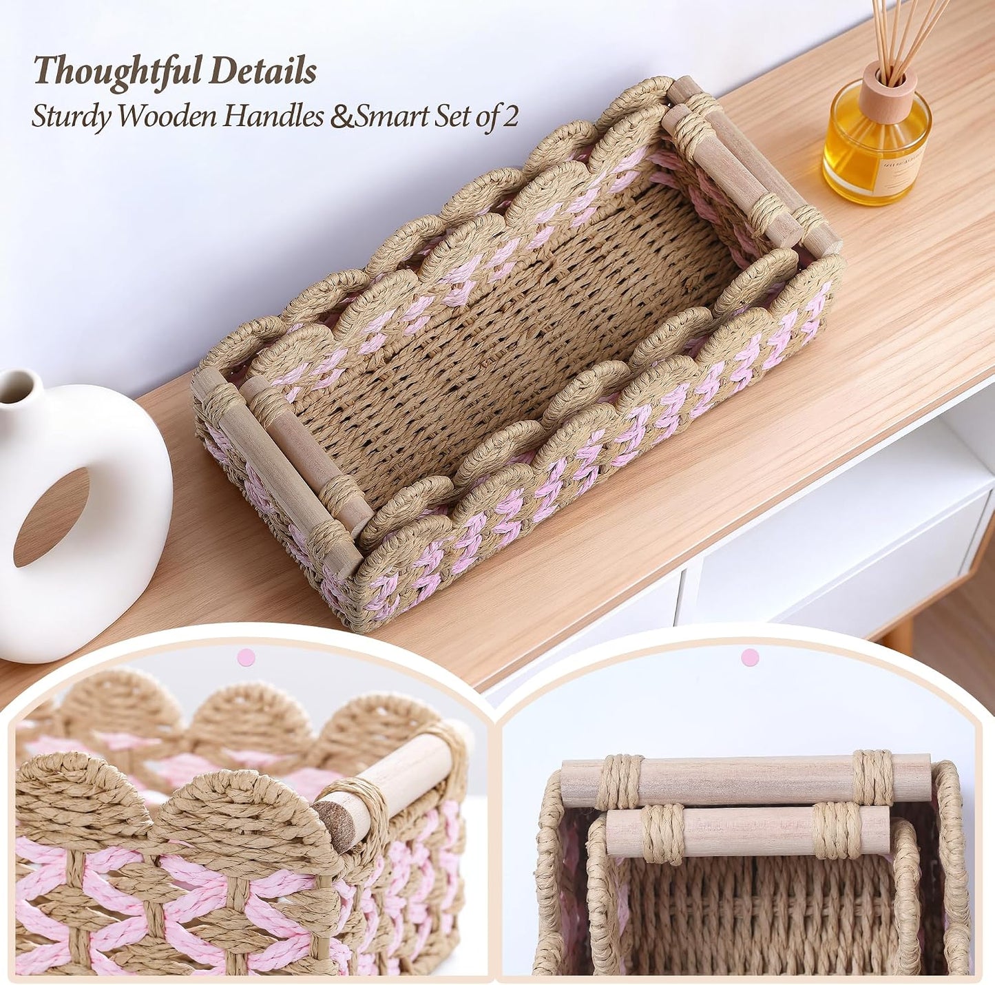 Handwoven Rattan Storage Basket Set / Pink / Set of 2