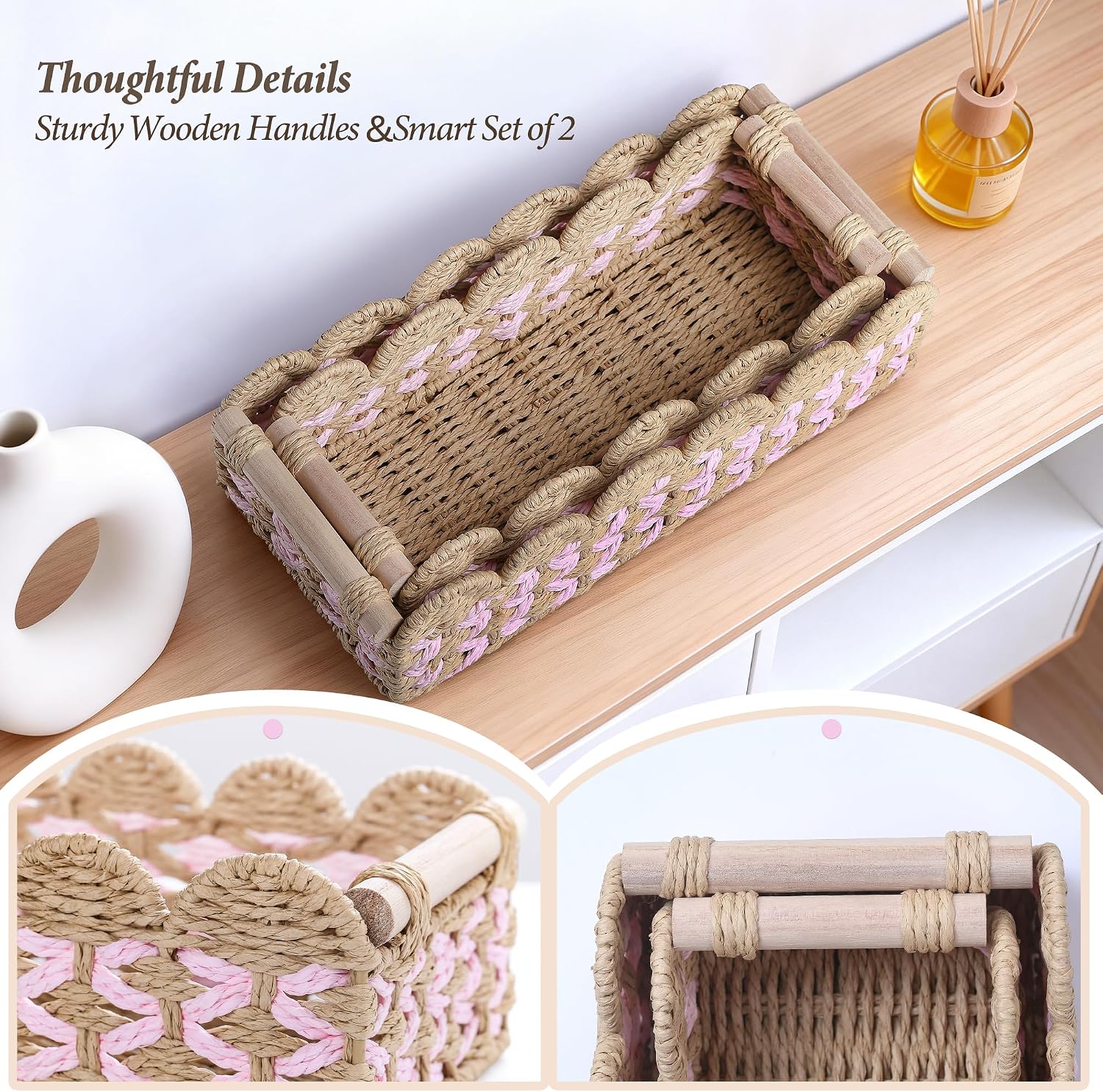 Handwoven Rattan Storage Basket Set / Pink / Set of 2