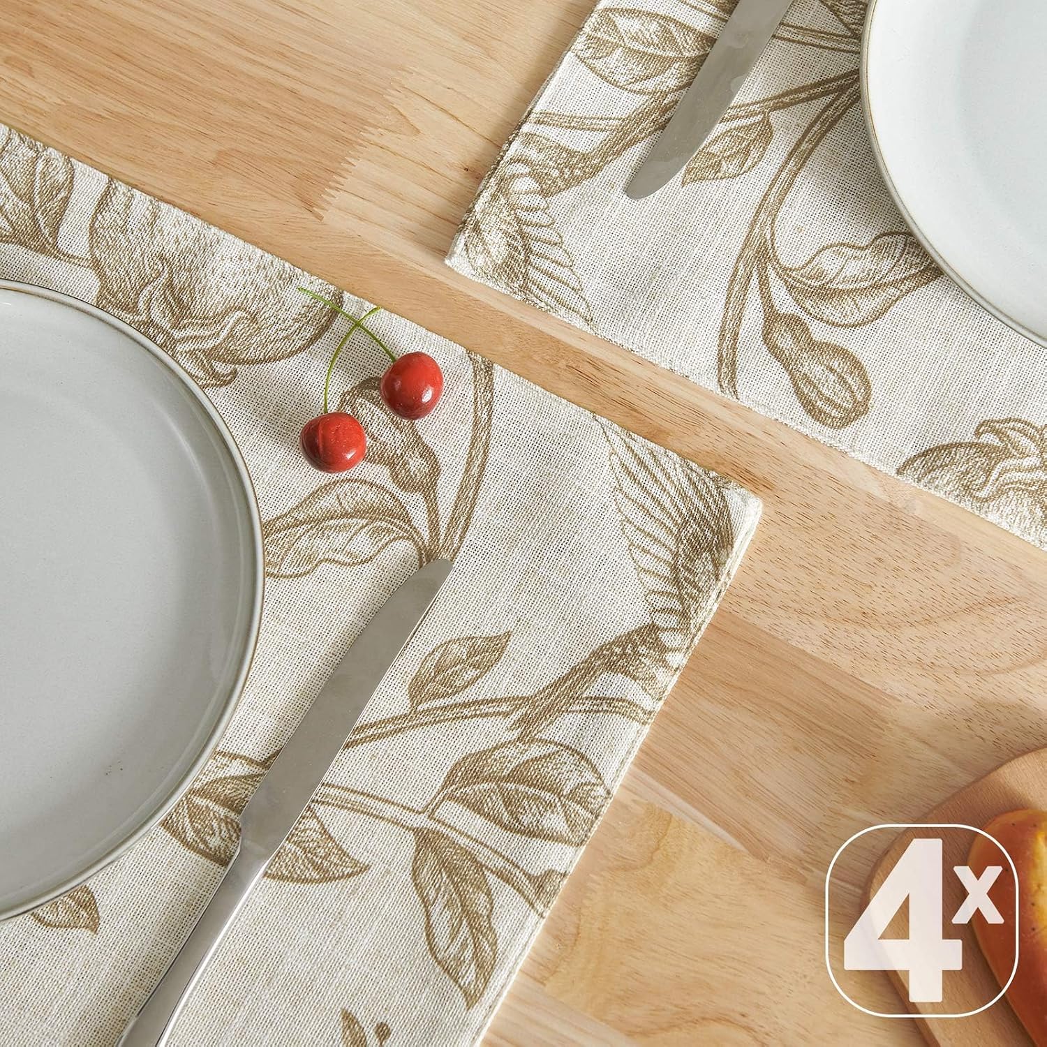 JINCHAN Linen Placemats Set of 4 Farmhouse Botanical Print 13x19 Inch Tan | Fabric Placemats, Cottage Style, Botanical