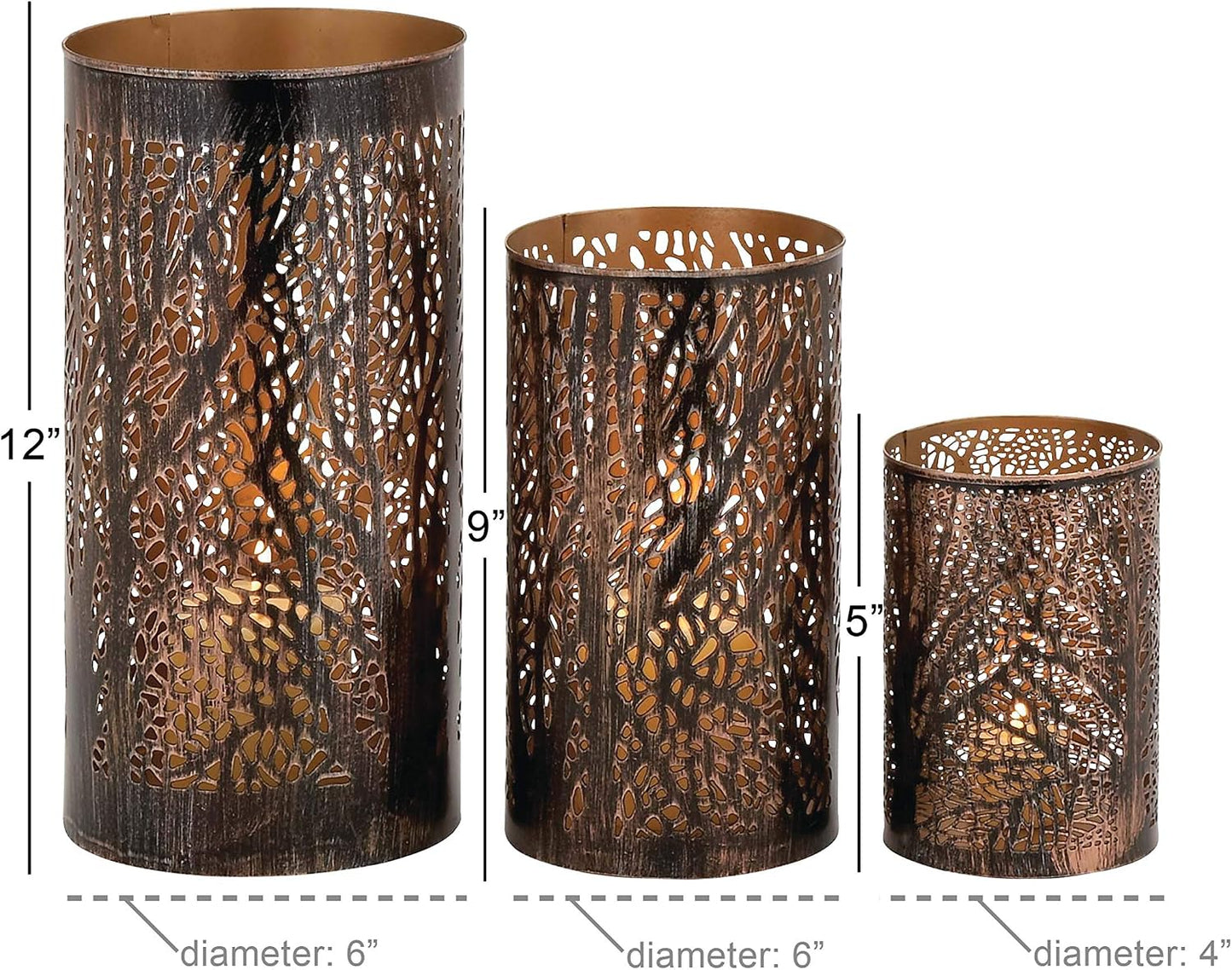 Deco 79 Metal Indoor Outdoor Candle Lantern 12", 9", 5"H, Brushed Bronze | Elevate tabletops, metal candle holder set