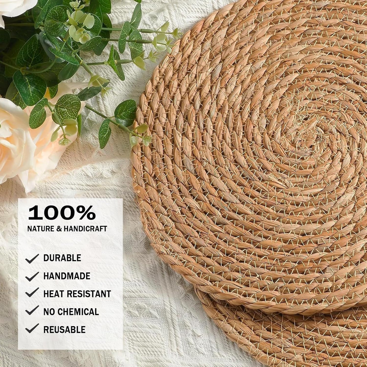Handmade Heat Resistant 13" Round Woven Placemats Set of 8, Wicker Boho No Chemical Natural Water Hyacinth Place Mats