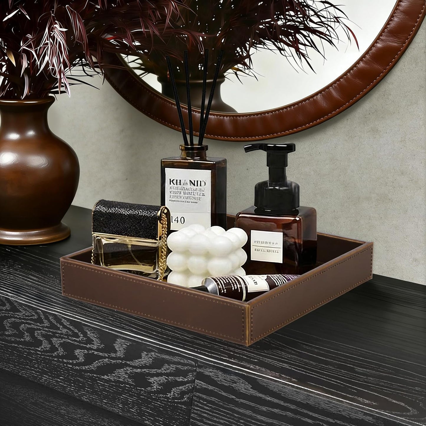 Faux Leather Vanity Tray / Brown / 10 x 10 x 1.8