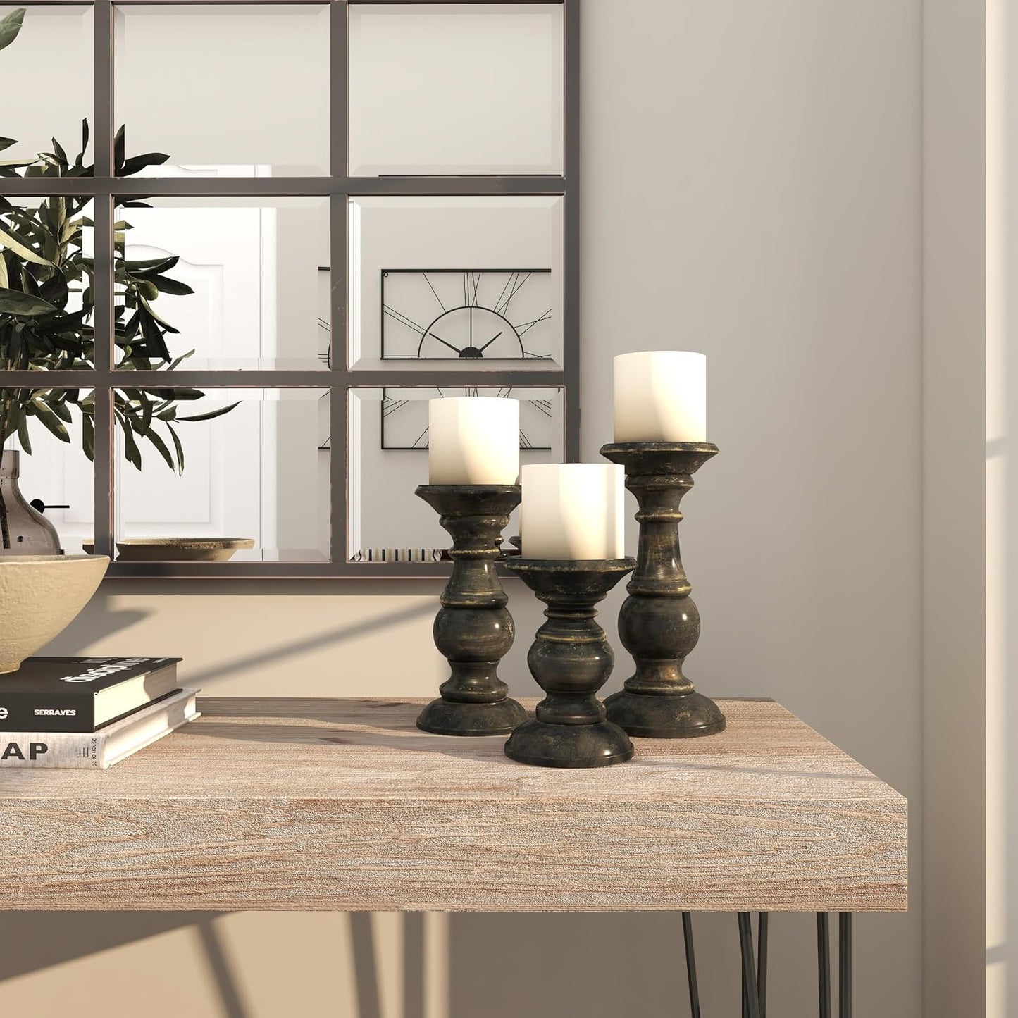 Deco 79 Mango Wood Decorative Candle Holder Distressed Turned Pillar Candle Stand, Set of 3 Candlestick Holder 6", 8"