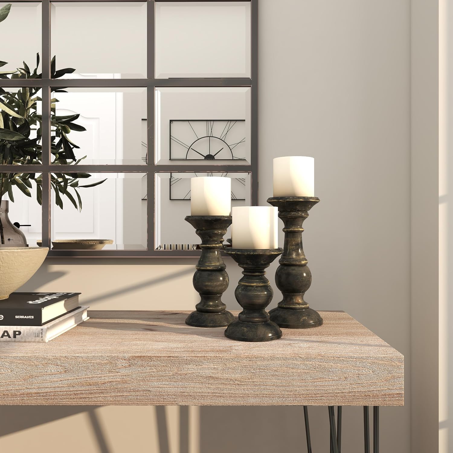Deco 79 Mango Wood Decorative Candle Holder Distressed Turned Pillar Candle Stand, Set of 3 Candlestick Holder 6", 8"