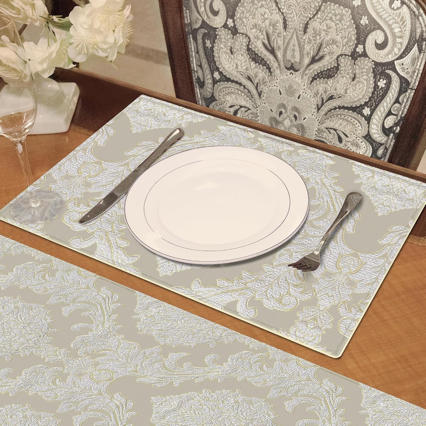 Loom and Mill Luxury Damask Jacquard Placemats Set of 4, Beige, 12x18 in | Non-Slip Table Place Mats for Home Kitchen