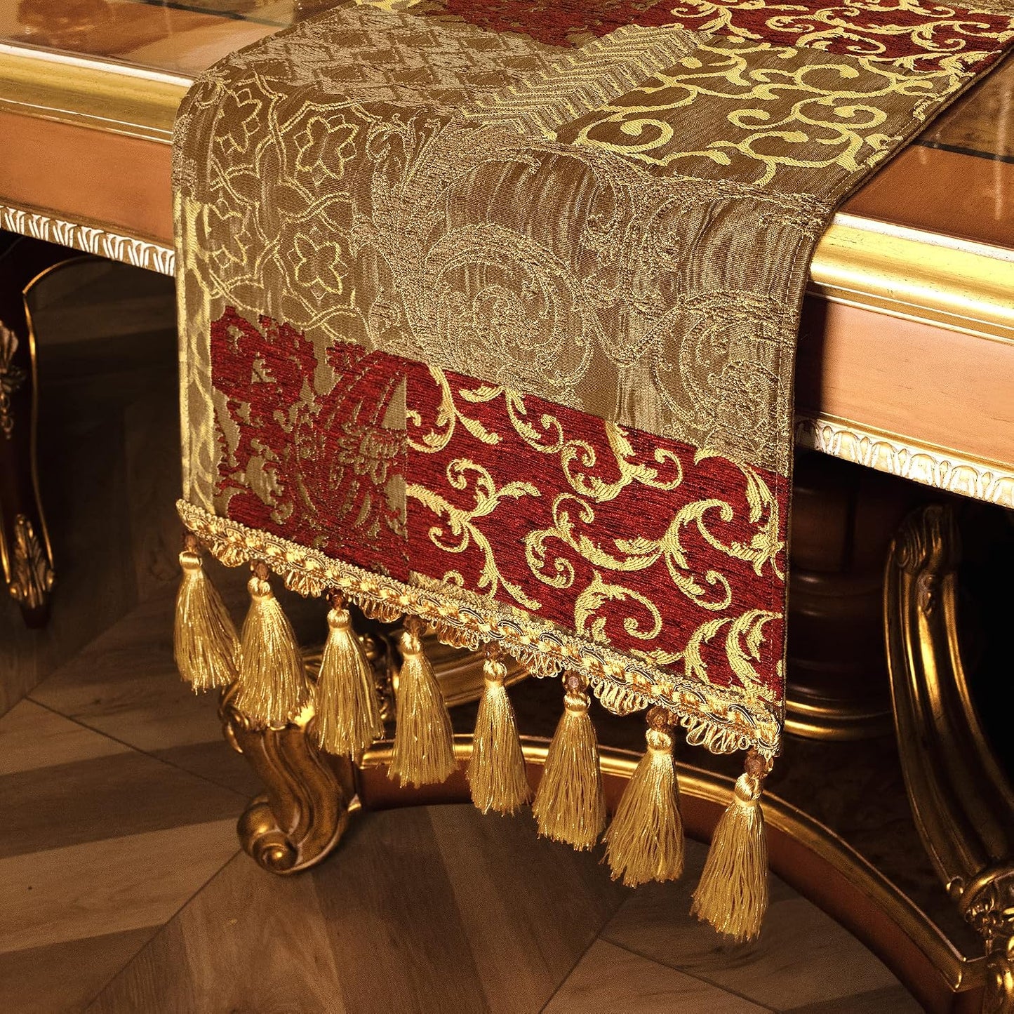 Loom and Mill Luxury Jacquard Table Runner 13x108 inch, Rectangle-Red Gold | Patchwork Design Chenille Dining Table
