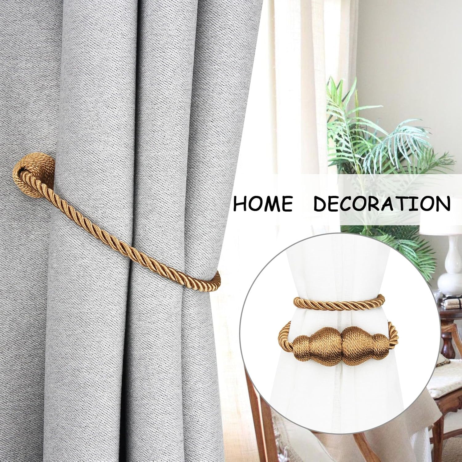 Magnetic Curtain Tiebacks Decorative Curtain Holders for Drapes Nieffeiy | 6 Pack Khaki Outdoor Tie Backs Rope Window