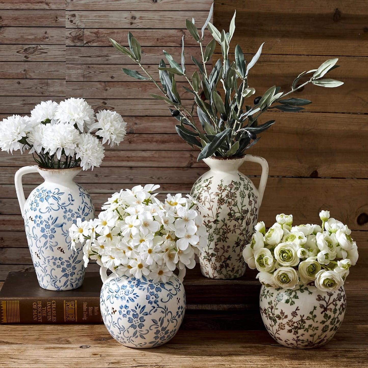 Rustic Ceramic Vase / Beige and Green- 5.6 / 5.6 Inch