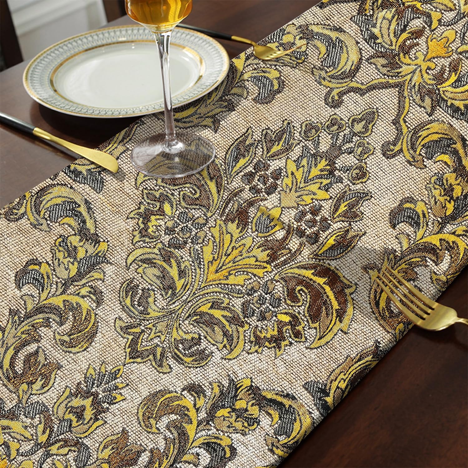 108 Inches Exquisite Gold Floral Jacquard Table Runner Thick Beige Chenille | for Christmas Dining