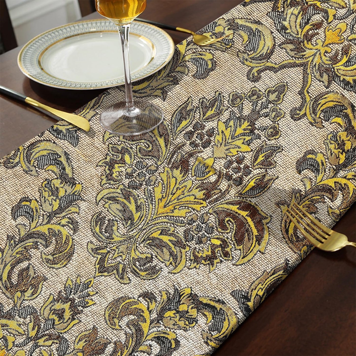 Dazzling Jacquard Table Runner with Elegant Tassels - Beige (13x84 inch) | with Bling Gold Embroidered,Decoration for