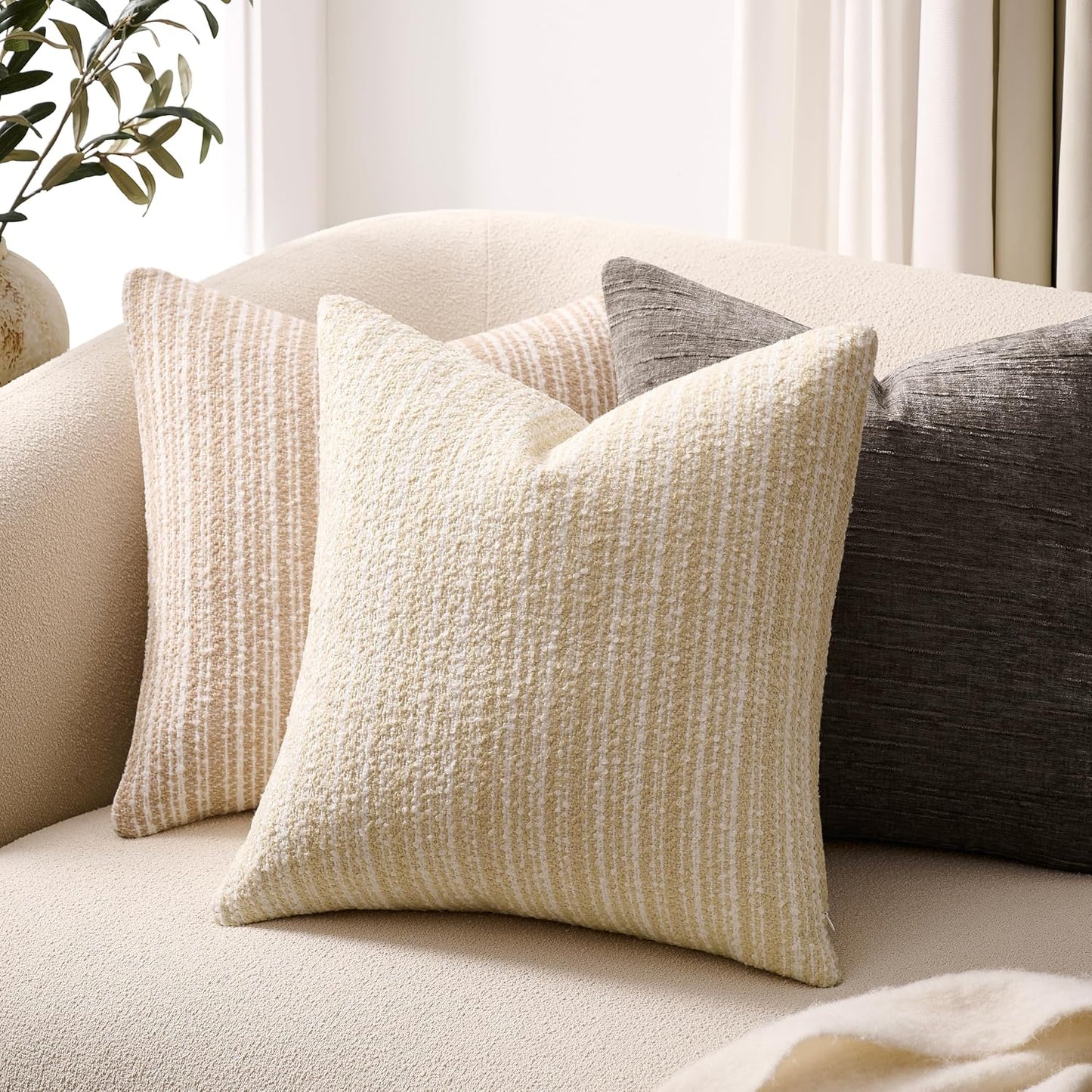 Soft Stripe Chenille Decorative Covers / 18 x 18 / Beige / Set of 2
