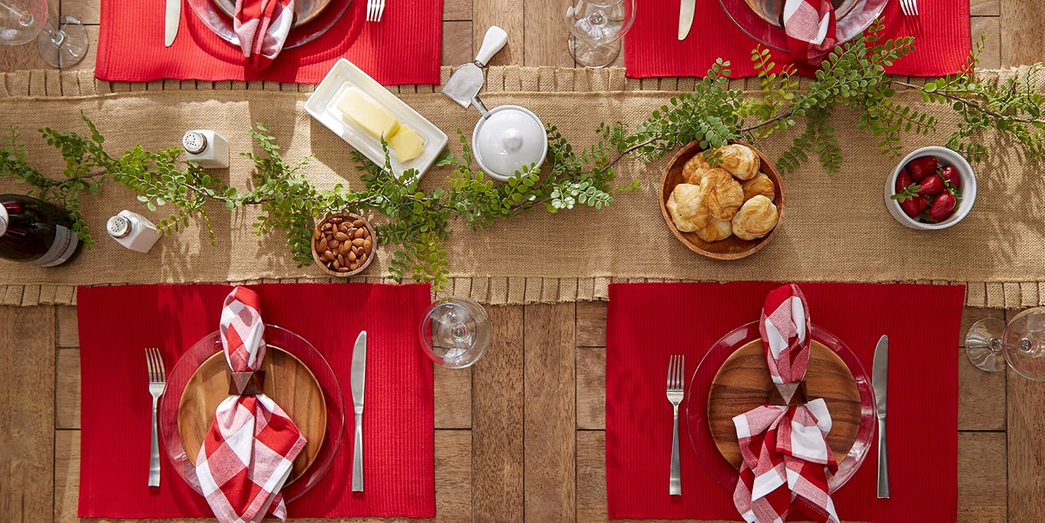 DII Basic Everyday Ribbed Tabletop 100% Cotton, Placemat Set, 13x19, Tango Red, 6 Piece
