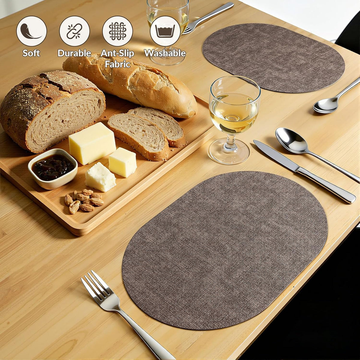 Placemats Set of 6, 11.8 x 17 Inch, Dark Brown | Heat Resistant Oval Faux Leather Place Mats, Waterproof Wipeable