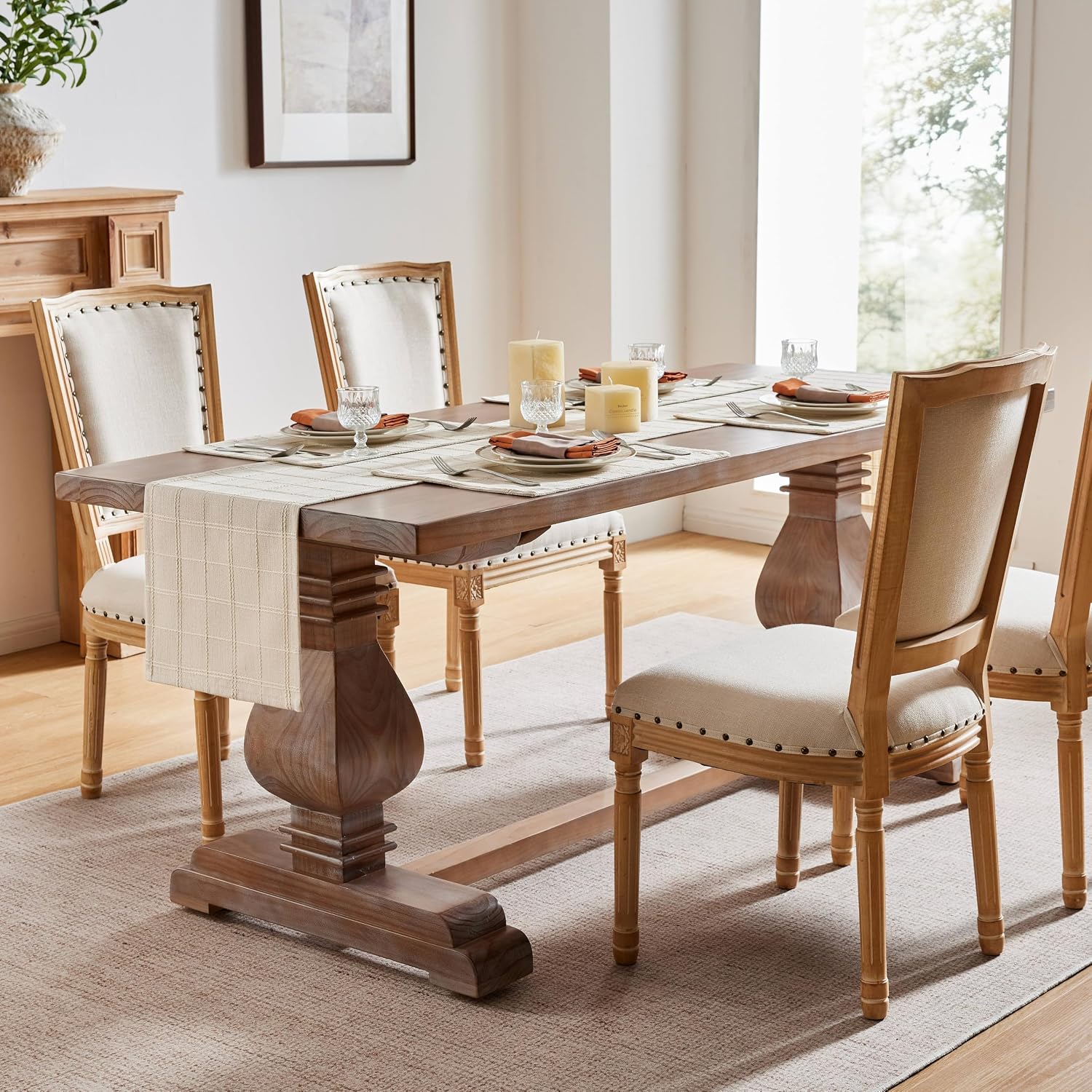 Linen Checked Farmhouse Placemats Set of 6, Neutral Beige 13x19in | Double Layer, Reversible, Thick Textured Table