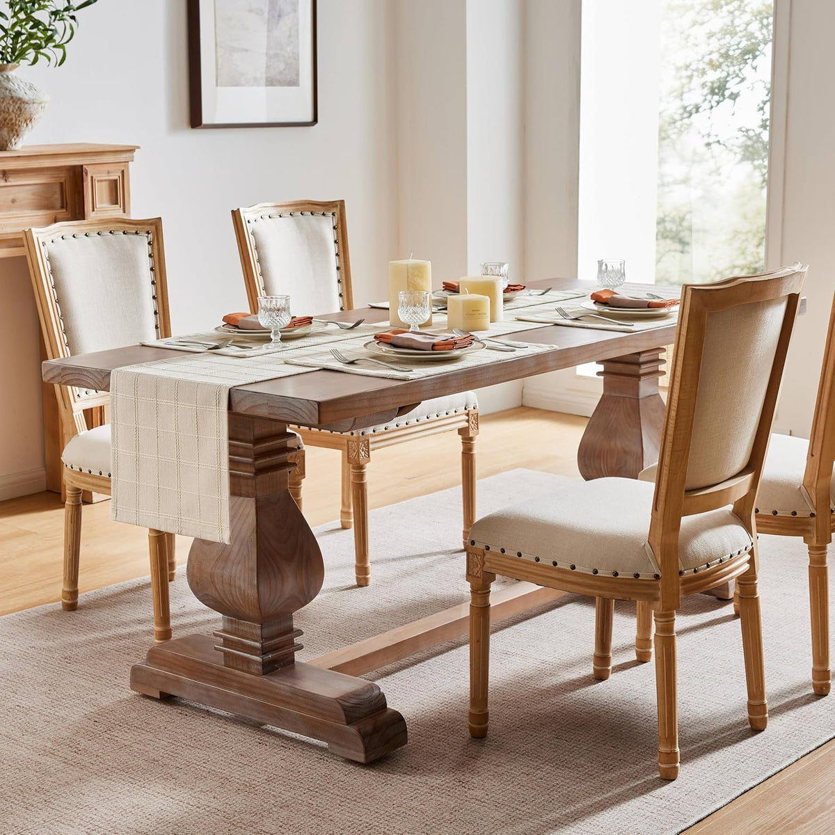 Linen Checked Farmhouse Placemats Set of 4, Neutral Beige 13x19in | Double Layer, Reversible, Thick Textured Table