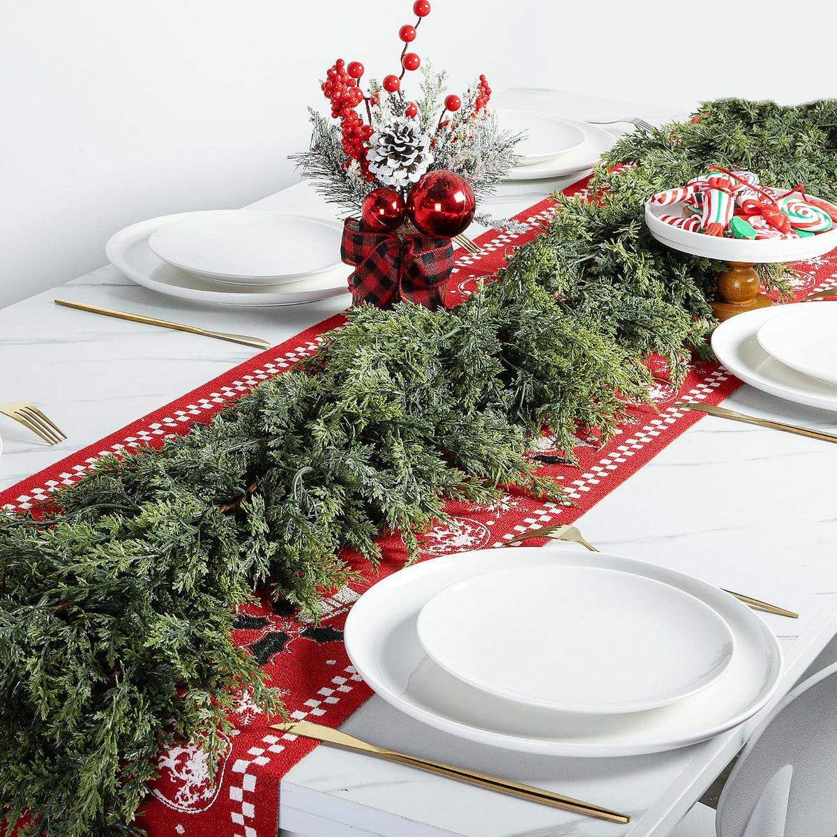 2 Pcs Christmas Norfolk Pine Garlands, 6Ft 2 Color Artificial Cedar Garland | Real Touch Faux Pine Cypress Greenery