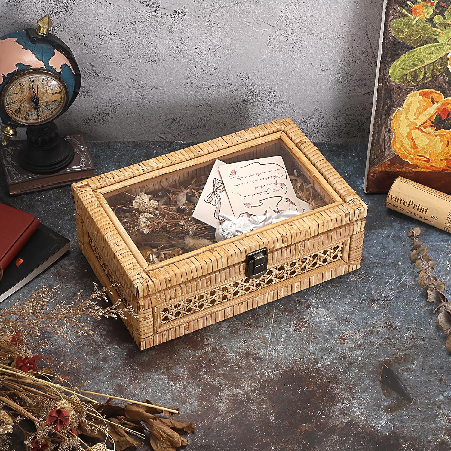 Clear Lid Rectangular Wicker Storage Basket Bin / 11 x 7.1 x 4 / Small / Natural Color