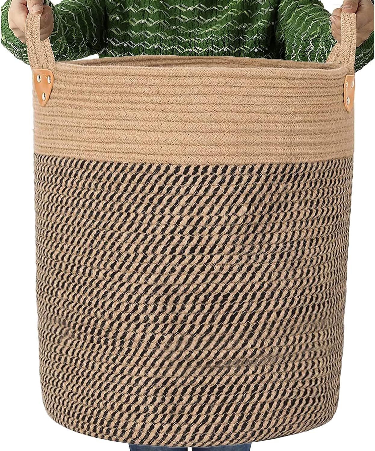 Jute Laundry Hamper Large Woven Rope Storage Basket / Jute/black Mix-18"wx20"h