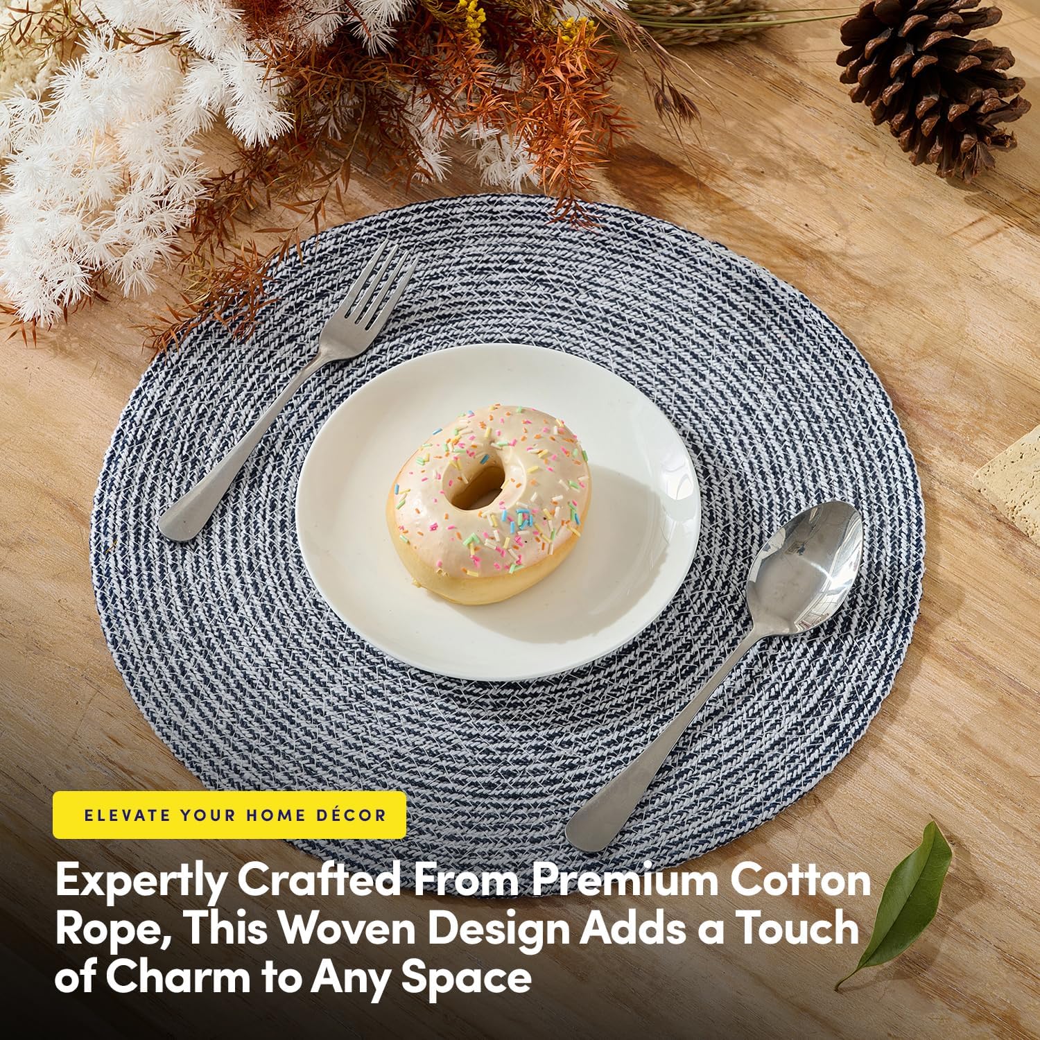 Round Placemats Set of 6-100% Cotton Two-Tone Placemat for Dining Table - Woven Braided Table Setting Place Mat