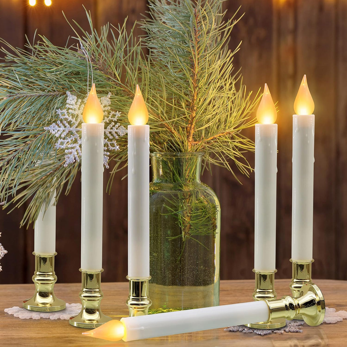White 9.9" LED Taper Candles w/Gold Holders, 6-Pack | White flameless taper candles with gold holders, 5/19 auto timer