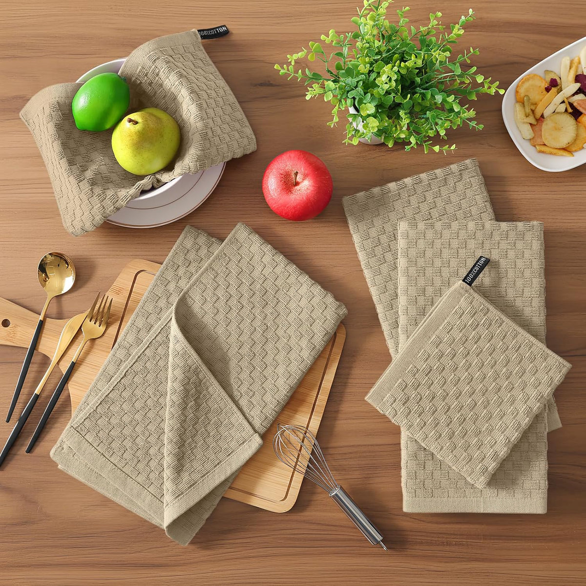 Homaxy 100% Cotton Terry Kitchen Towels(15" x 25", 12 Pack), Tan | Soft and Super Absorbent Dish Towels, 380 GSM