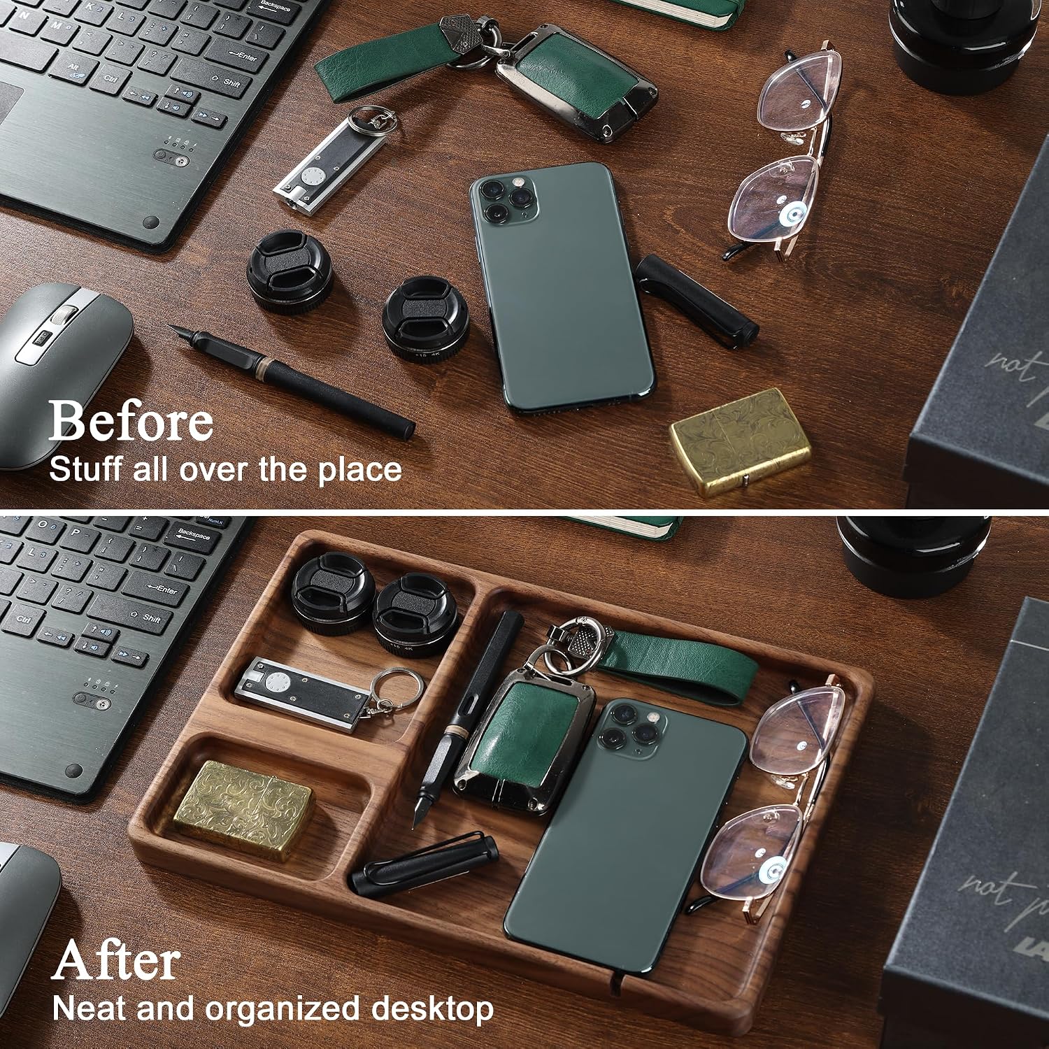 Walnut Wooden Valet Tray – Bedside Table Organizer for Men Dad, Edc Catch All Tray with Cable Slot (11.4 x 7.9 x 0.8