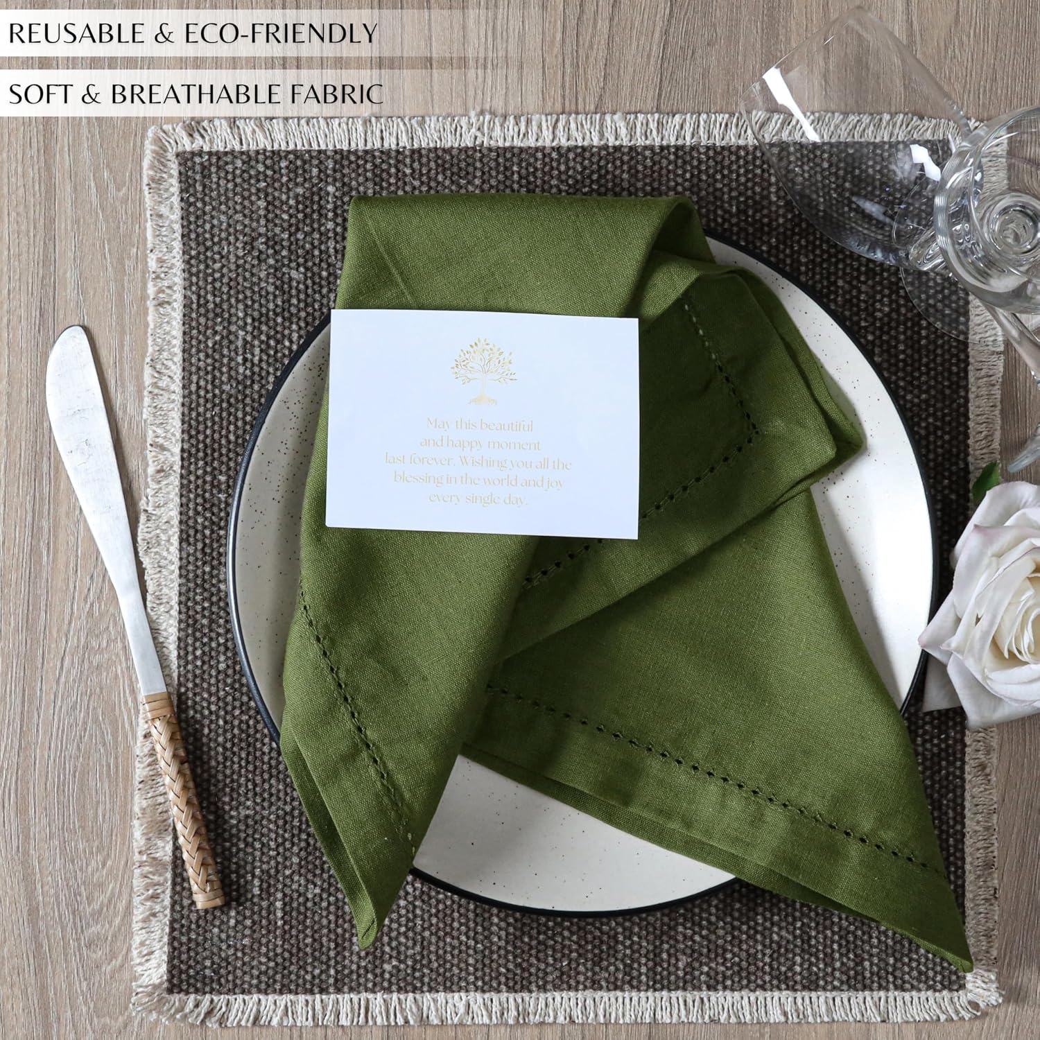 Ramanta Home Olive Green Cloth Dinner Napkin Set of 12-18x18 Inches | Cotton Linen Flax Hemstitched Napkins Washable