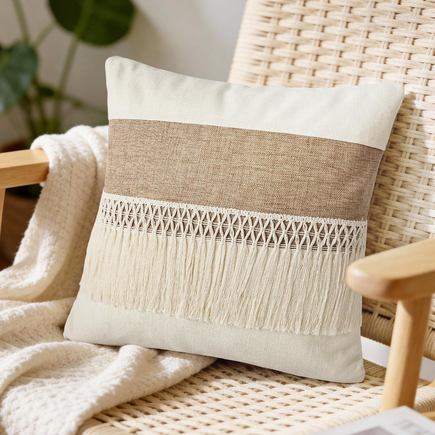 Boho Patchwork Linen Throw Pillow Covers / Boho Long Fringe-beige / 18 x 18 / Set of 2