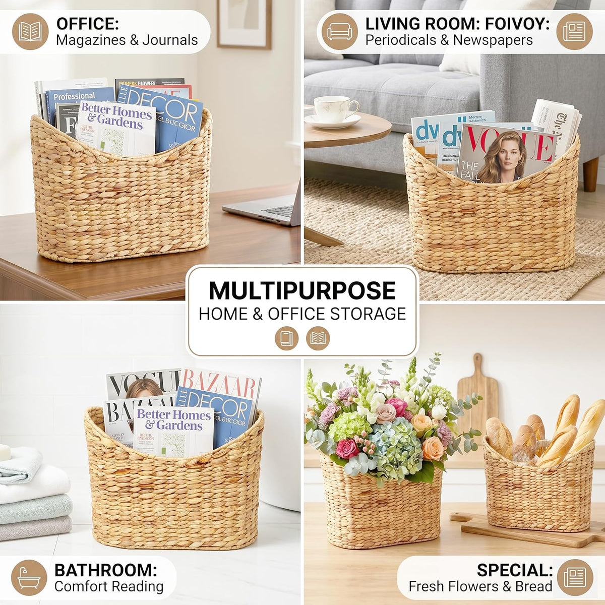 Magazines Holder - Wicker Magazine Rack, Handwoven Magazine Holders for Bathroom, Magazine Organizer for Books