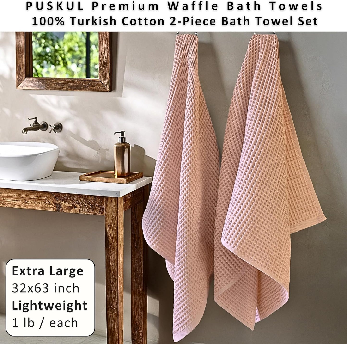 PÜSKÜL Natural 100% Turkish Cotton Waffle Bath Towels Set of 2, Extra-Large | Pink Powder, Oversize 32x63" Bath sheet