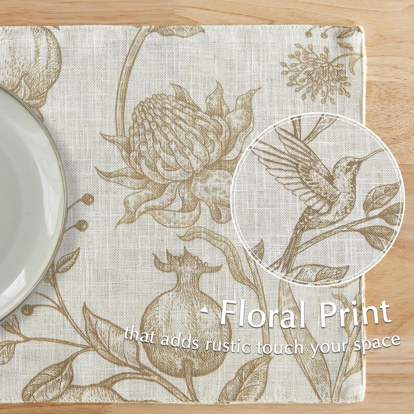 JINCHAN Linen Placemats Set of 4 Farmhouse Botanical Print 13x19 Inch Tan | Fabric Placemats, Cottage Style, Botanical