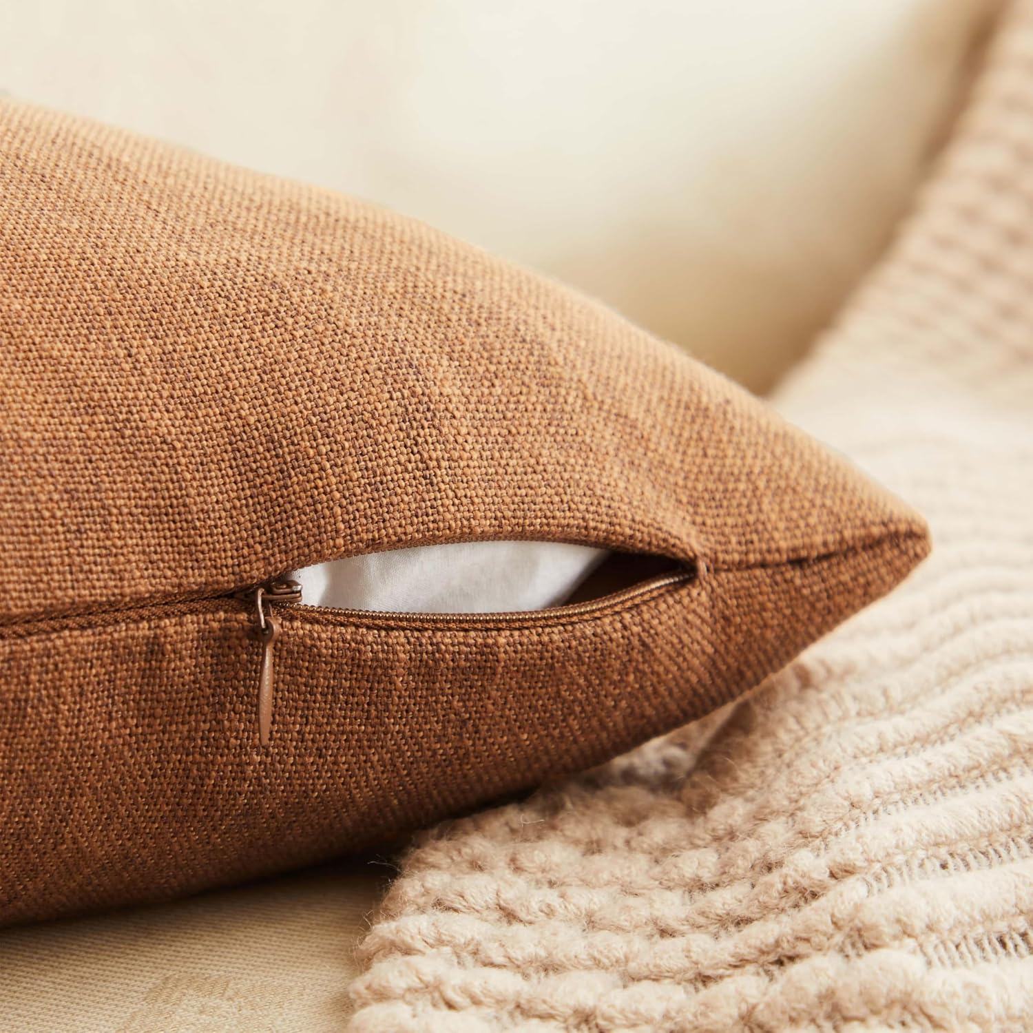Rustic Cotton Linen Throw Pillow Covers / Caramel / 16 x 16 / Set of 2