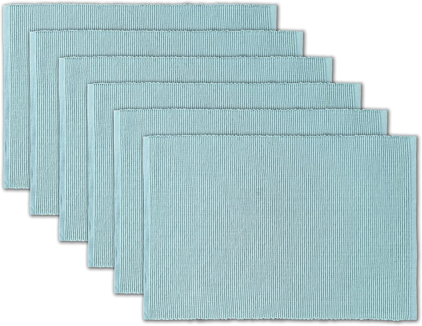 100% Cotton Ribbed Placemats - Set of 6-13 x 19 Inches - Light Blue - Everyday Cloth Table Mats - Thick Construction