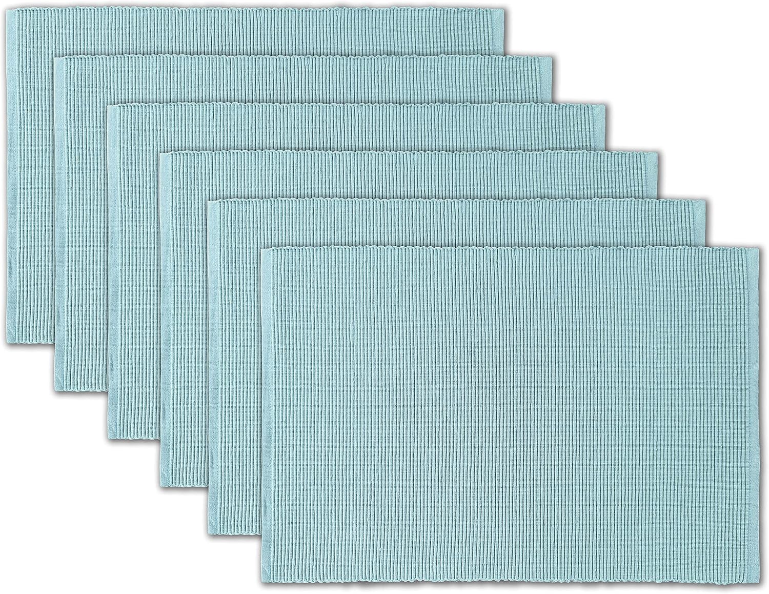 100% Cotton Ribbed Placemats - Set of 6-13 x 19 Inches - Light Blue - Everyday Cloth Table Mats - Thick Construction