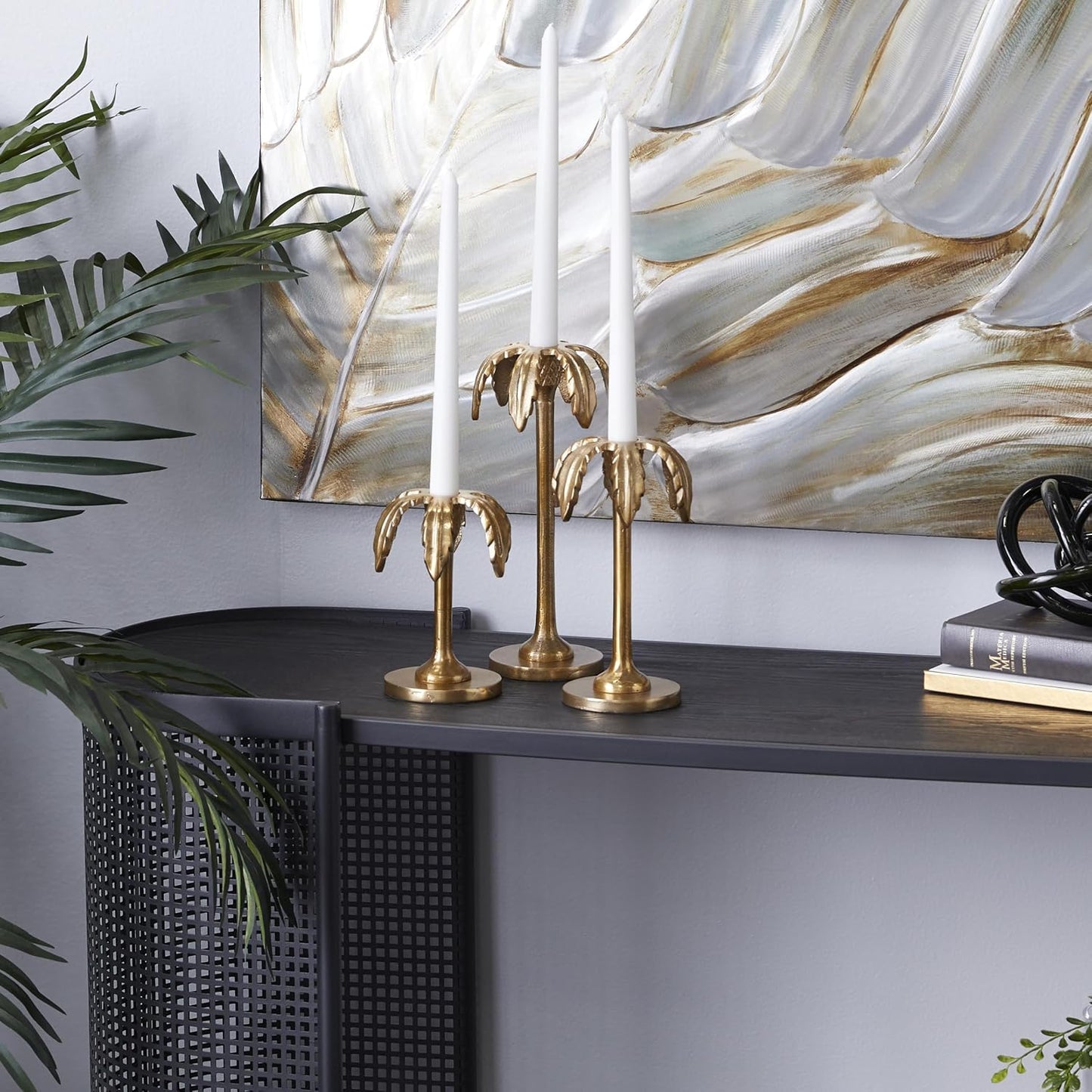 Deco 79 Aluminum Metal Decorative Candle Holder Palm Tree Candle Stand, Set of 3 Candlestick Holder 6", 8", 10"H, Gold