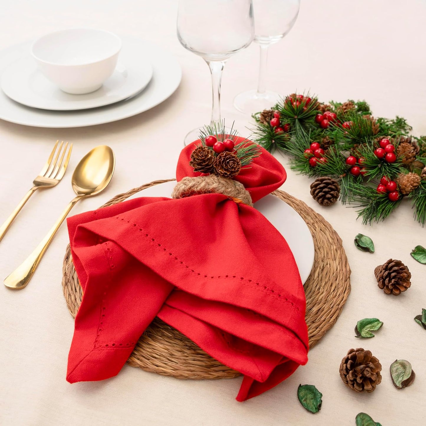 Blue Needles Set of 12 Hemstitch Linen Napkins 100% Cotton Red Cloth Dinner Napkins 18x18 inches, Soft, Reusable