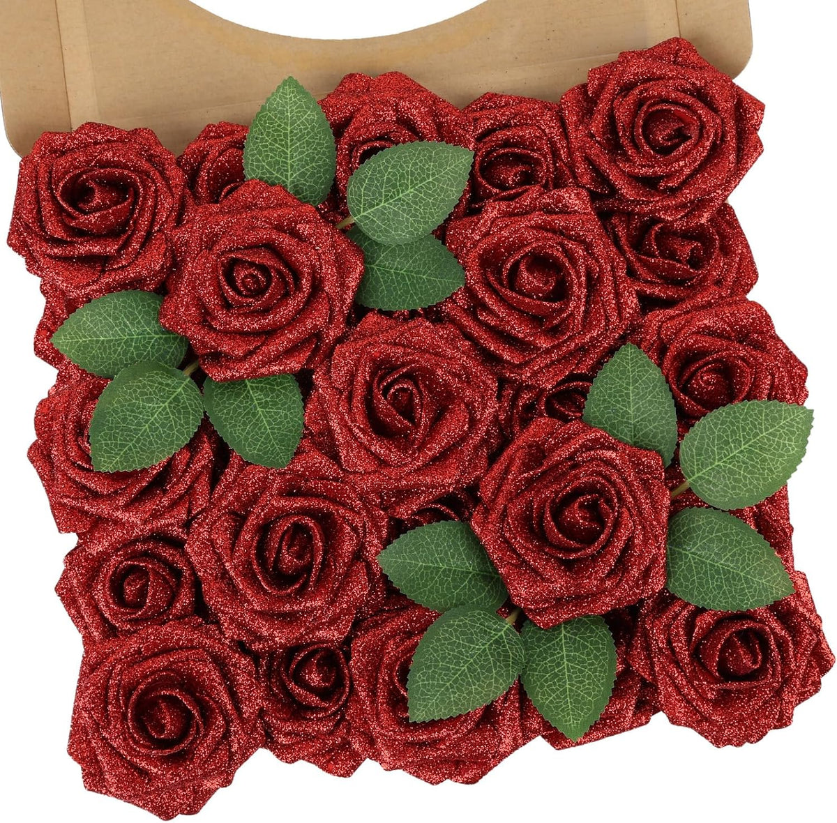 30PCS Red Glitter Artificial Roses with Stems, Real Touch Foam Flowers