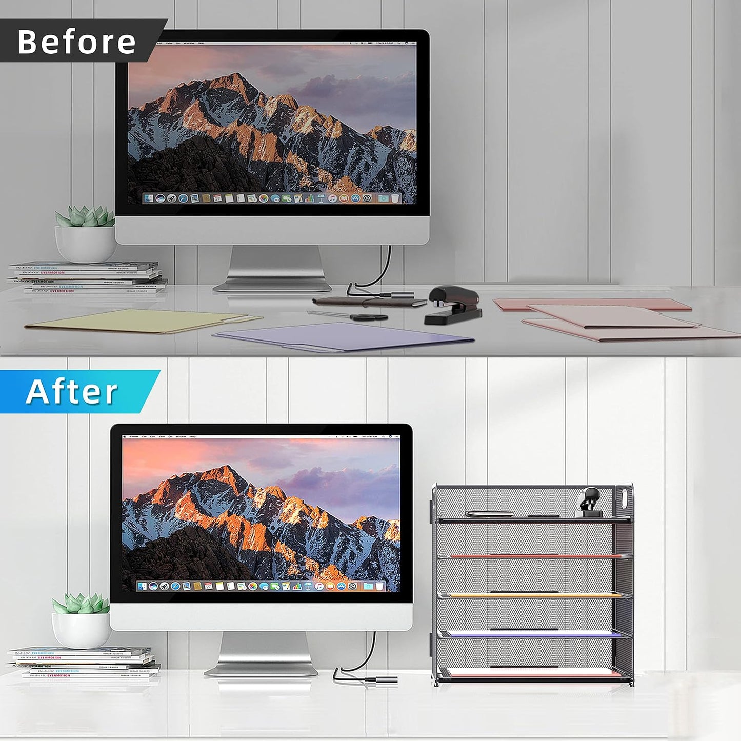 5 Trays Paper Organizer Letter Tray with Handle-Mesh Desk File Organizer, Grey Paper Sorter Desk Organizer for Office