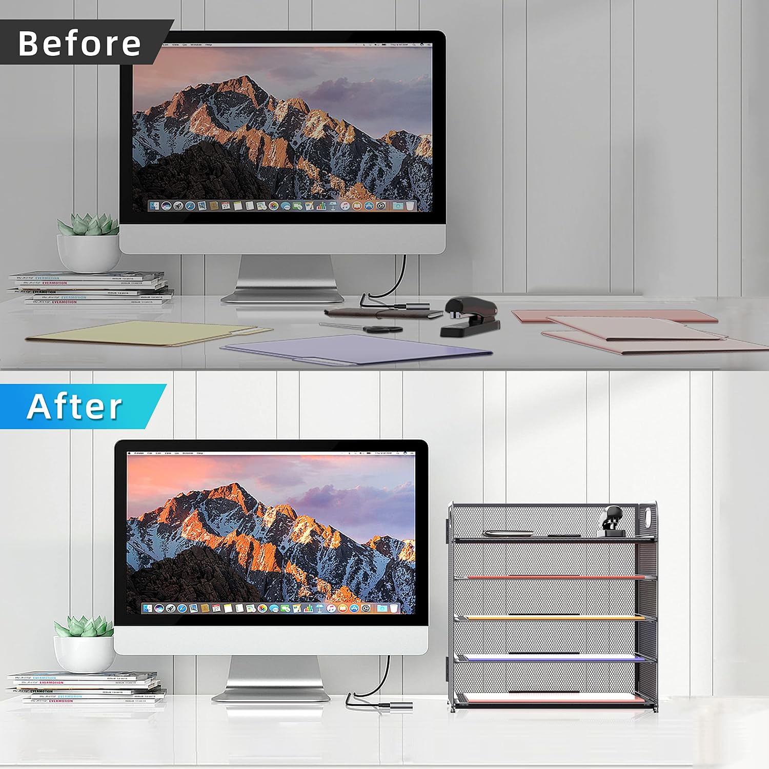 5 Trays Paper Organizer Letter Tray with Handle-Mesh Desk File Organizer, Grey Paper Sorter Desk Organizer for Office