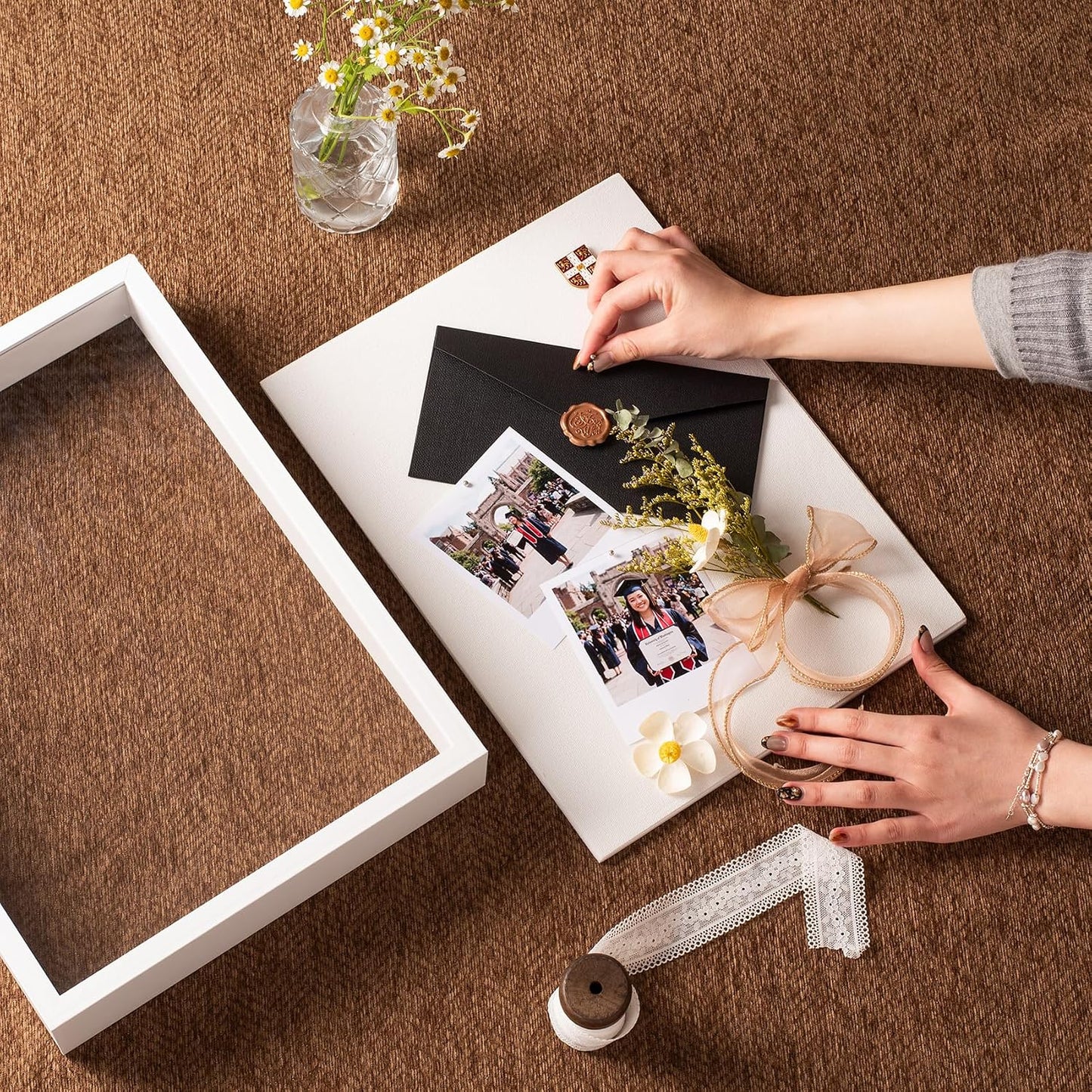 12x16 Large Shadow Box Frame with Thickened Acrylic Panel & Pins | With Push Pins, Deep 1.7" White Shadow Box Display