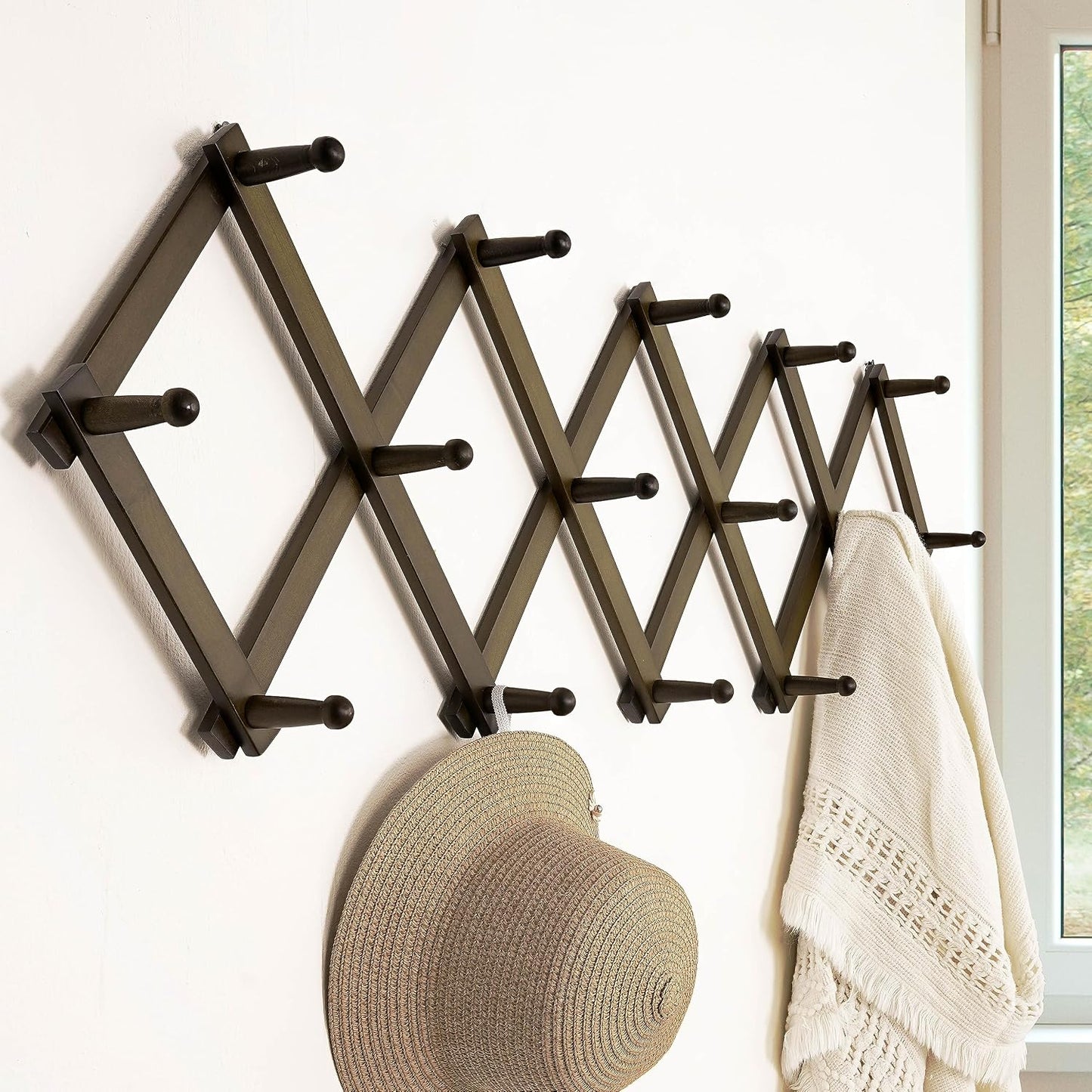 Accordion Wall Hanger:16'' High Wooden Wall Expandable Coat Rack,Hat Rack Holder,Accordion Hook for Baseball