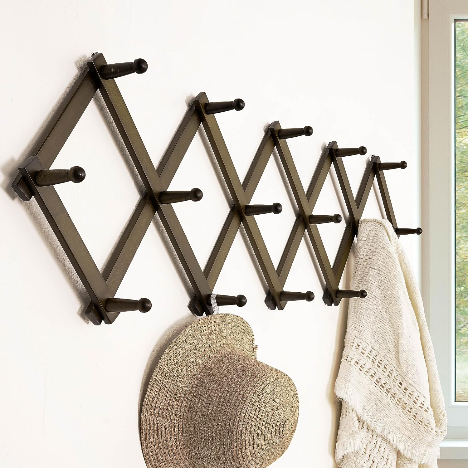 Accordion Wall Hanger:16'' High Wooden Wall Expandable Coat Rack,Hat Rack Holder,Accordion Hook for Baseball