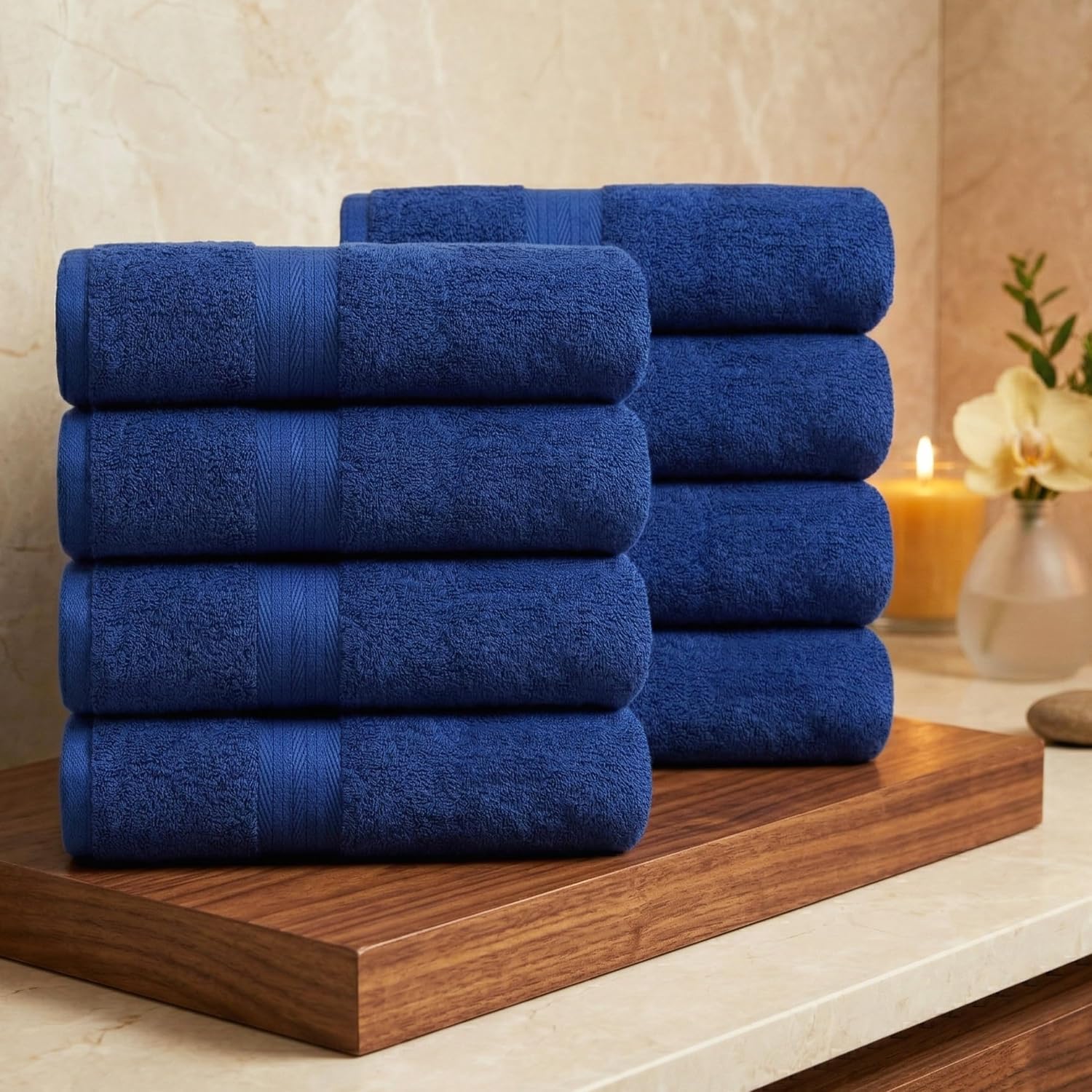 100% Cotton Hand Towels 18x28 Inches, 600 GSM, Soft & Absorbent, Set of 8, Navy