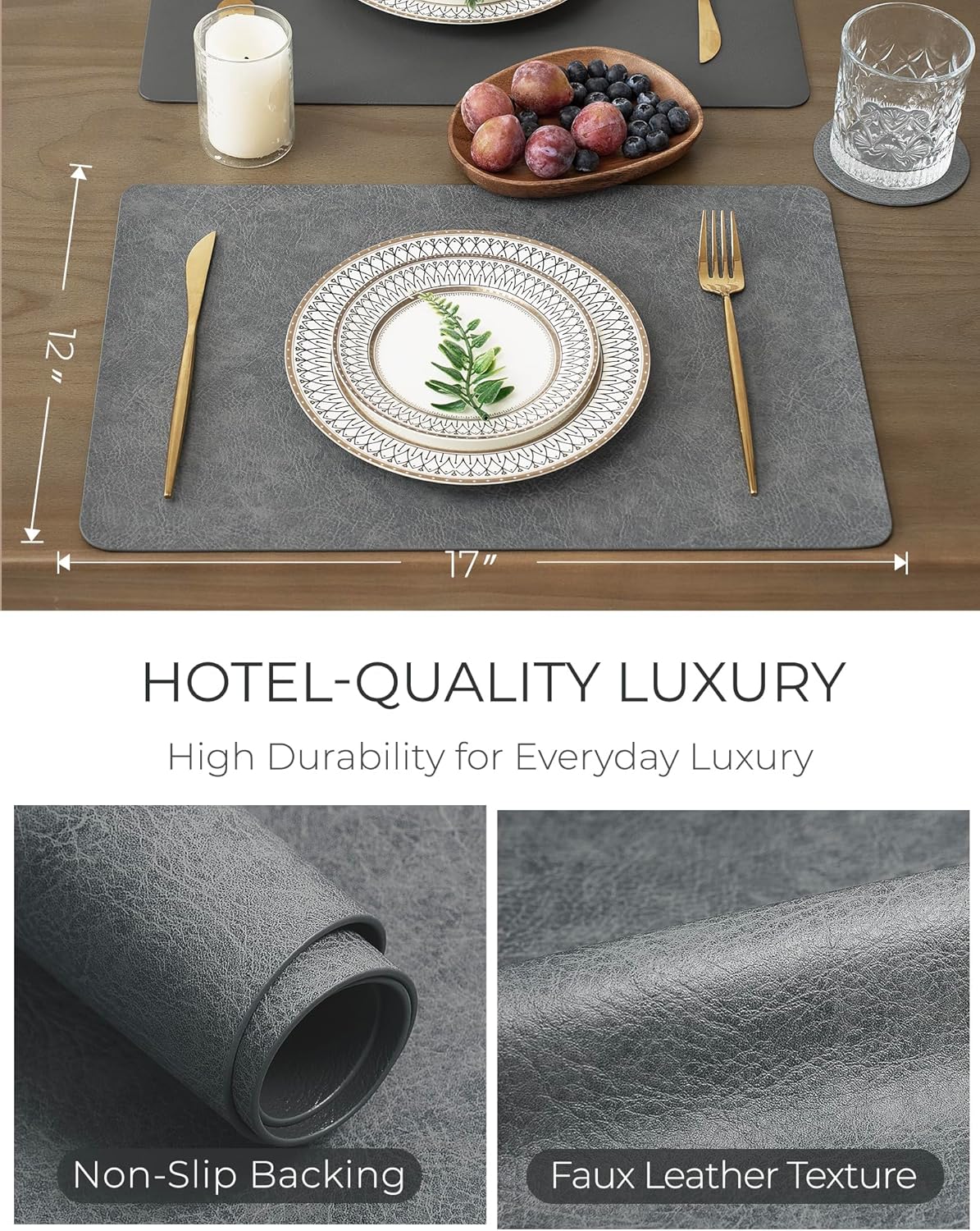 Reversible Faux Leather Placemats / Mist Gray / 12 x 17 / Set of 6