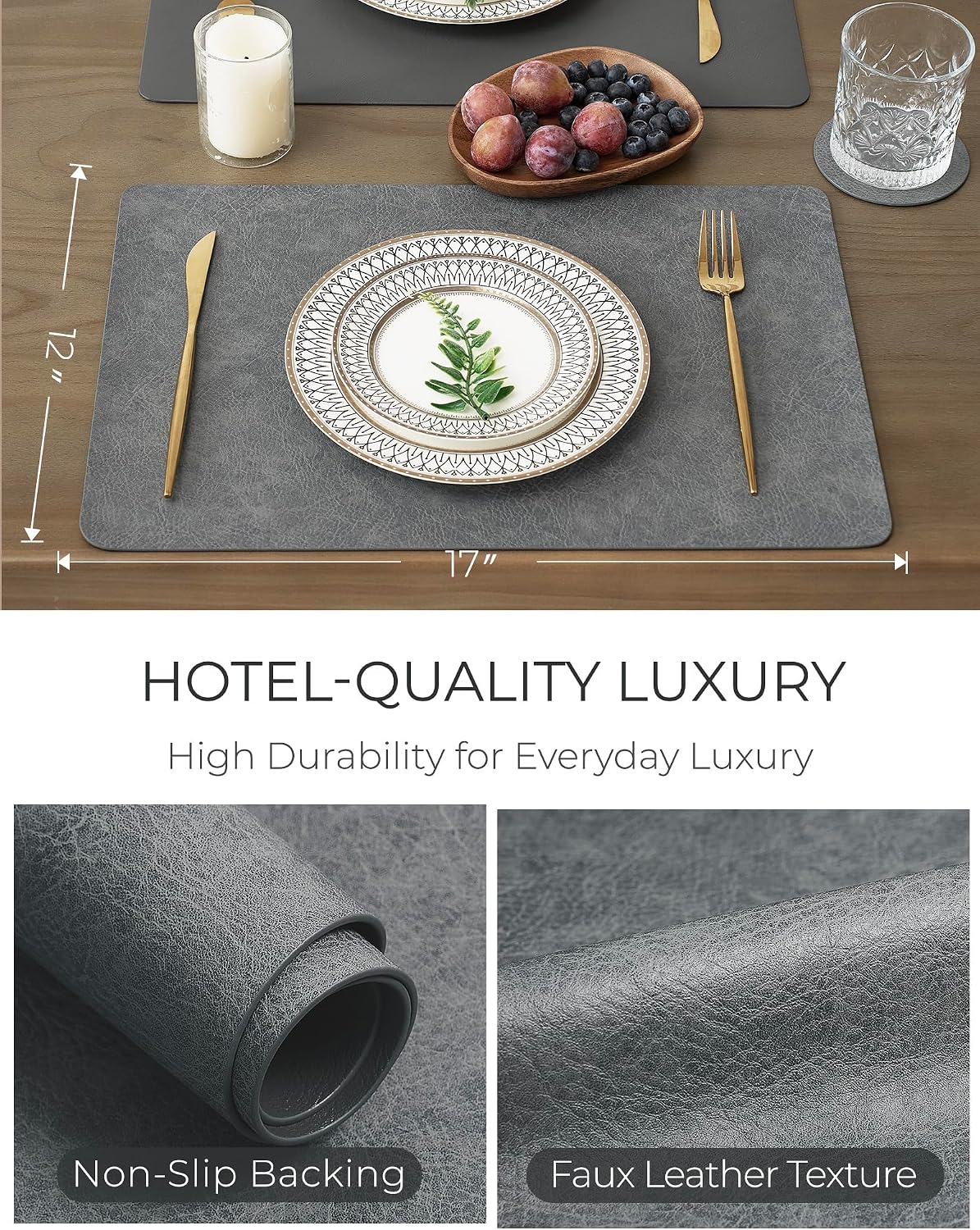 Reversible Faux Leather Placemats and Coasters / Mist Gray / 12 x 17 / Set of 16