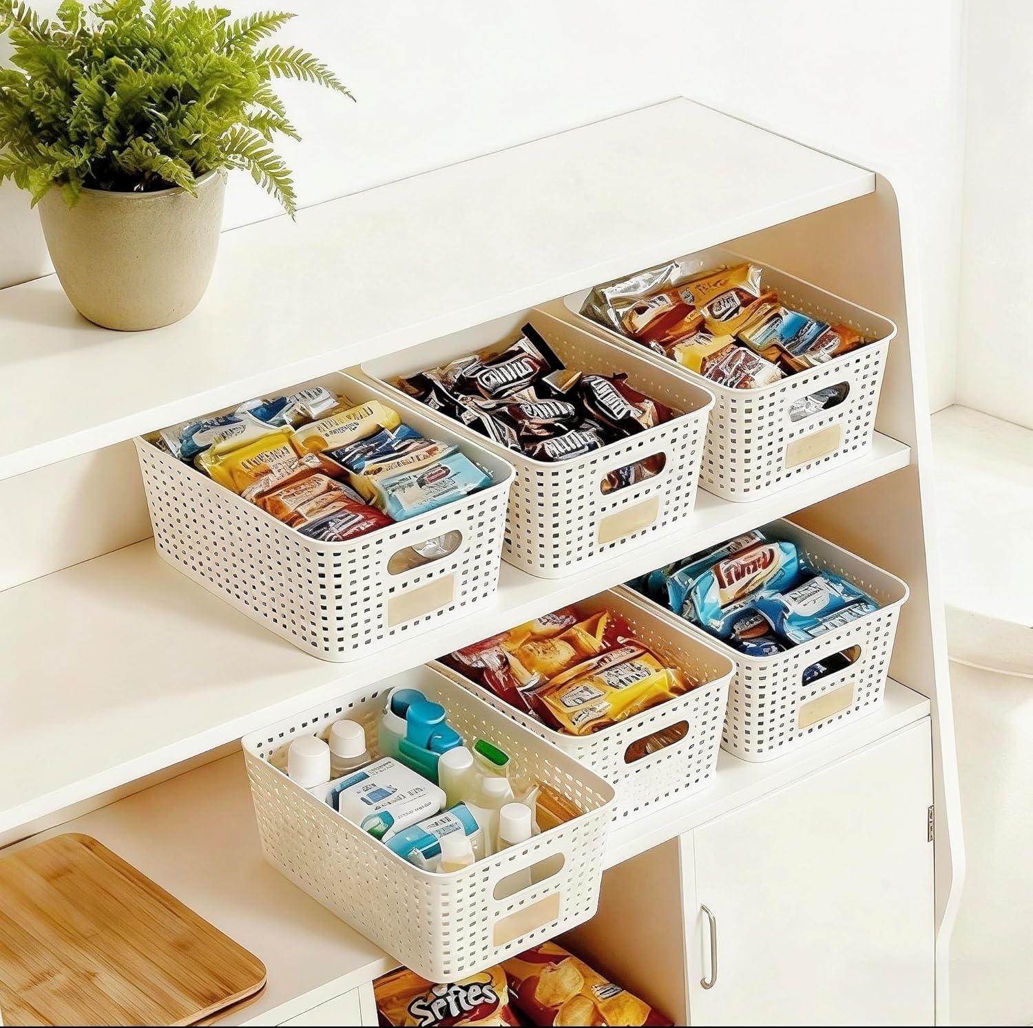 Storage Bins / Stackable Plastic Storage Basket / Cream White / Set of 6