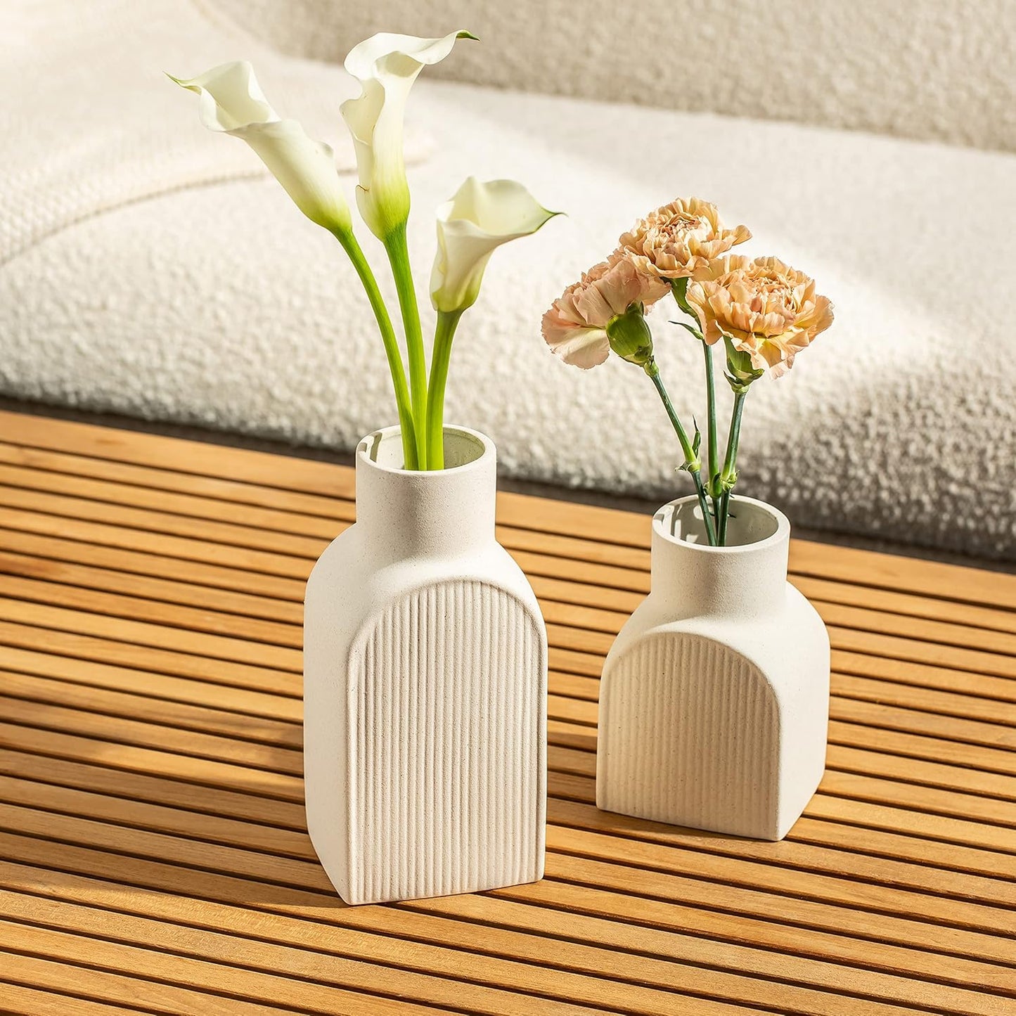 Ceramic Ribbed Vases / Bottle Flower Planter Set. Scandi Style Home Decor. Neutral