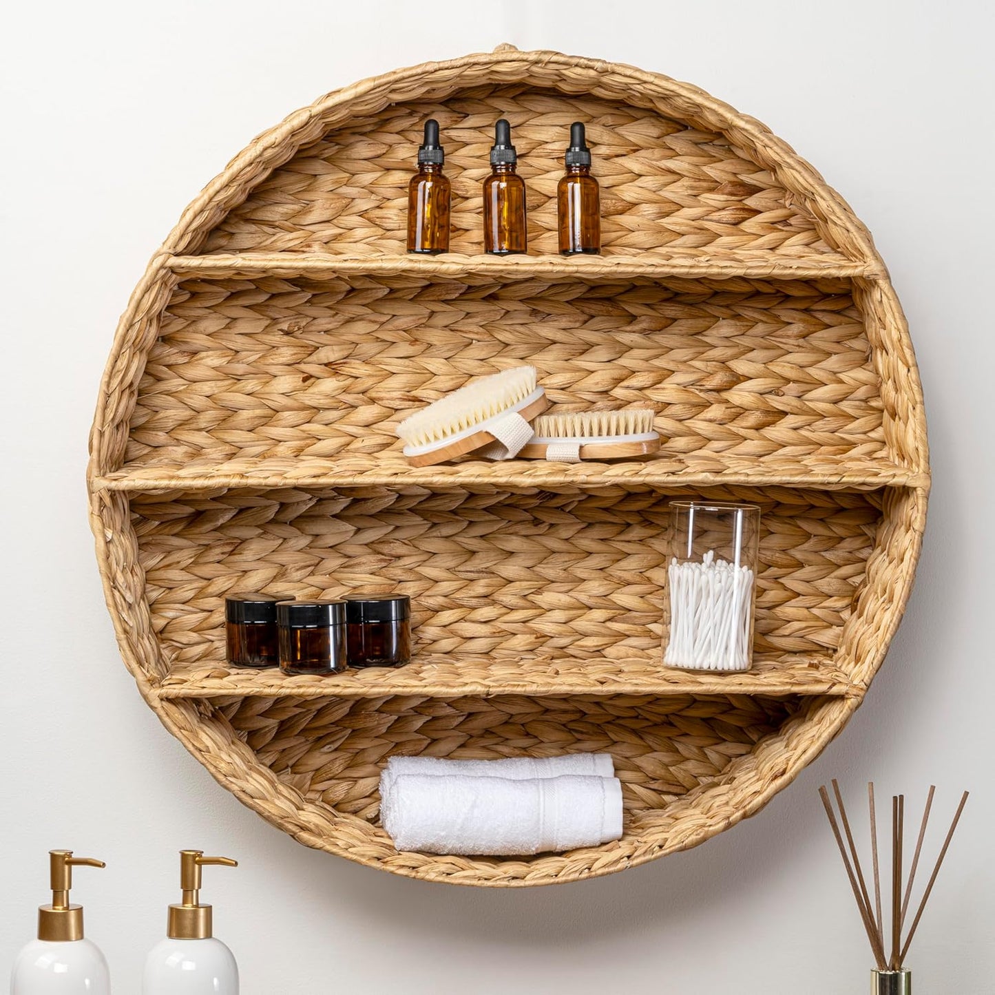 WRK1000A Annulus 24.5" 3-Shelf Circular Handwoven Hyacinth Wall Rack for Entryway / Natural / 24.61